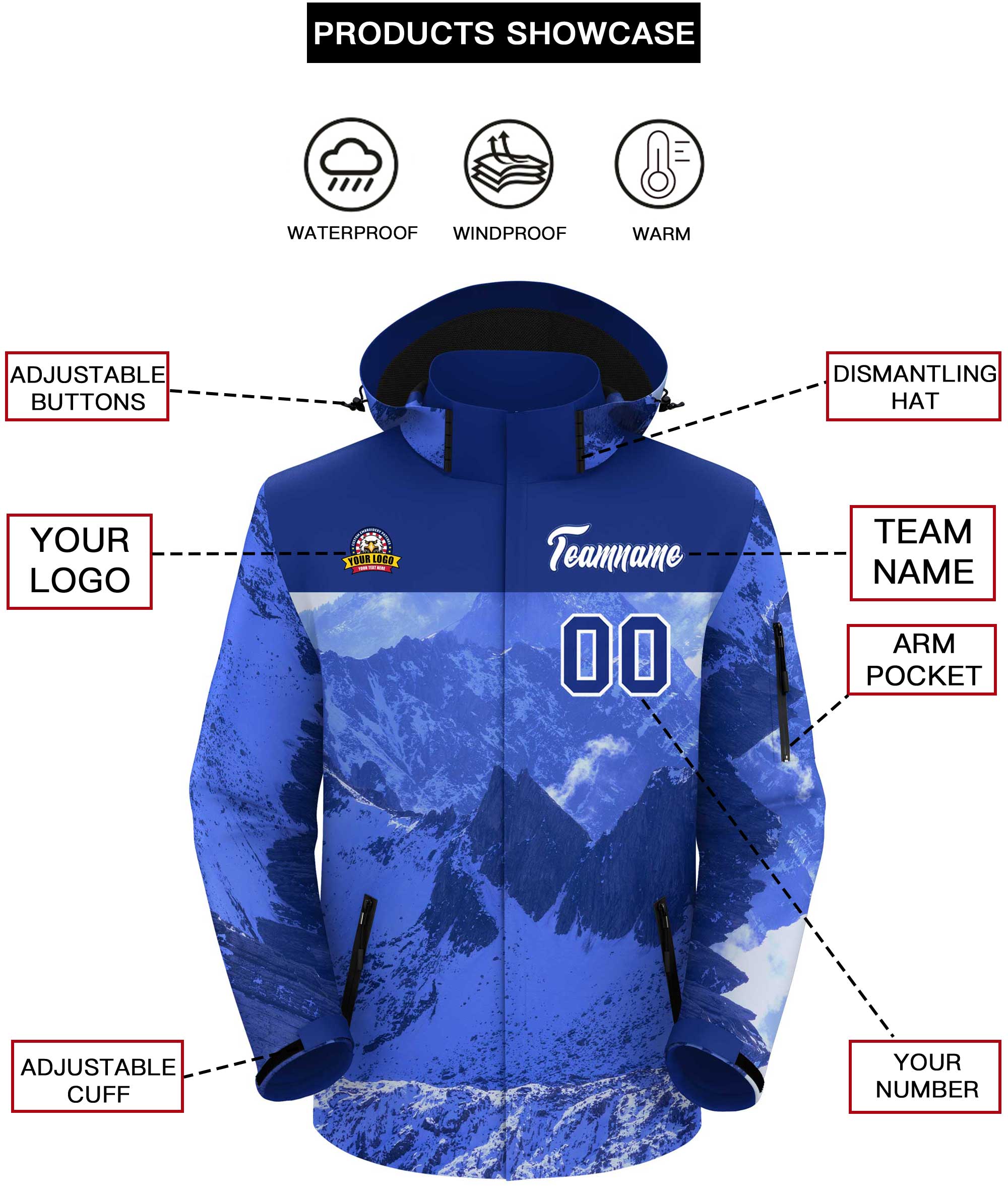 Custom Royal White Snow Mountain Graffiti Pattern Personalized Outdoor Hooded Waterproof Jacket