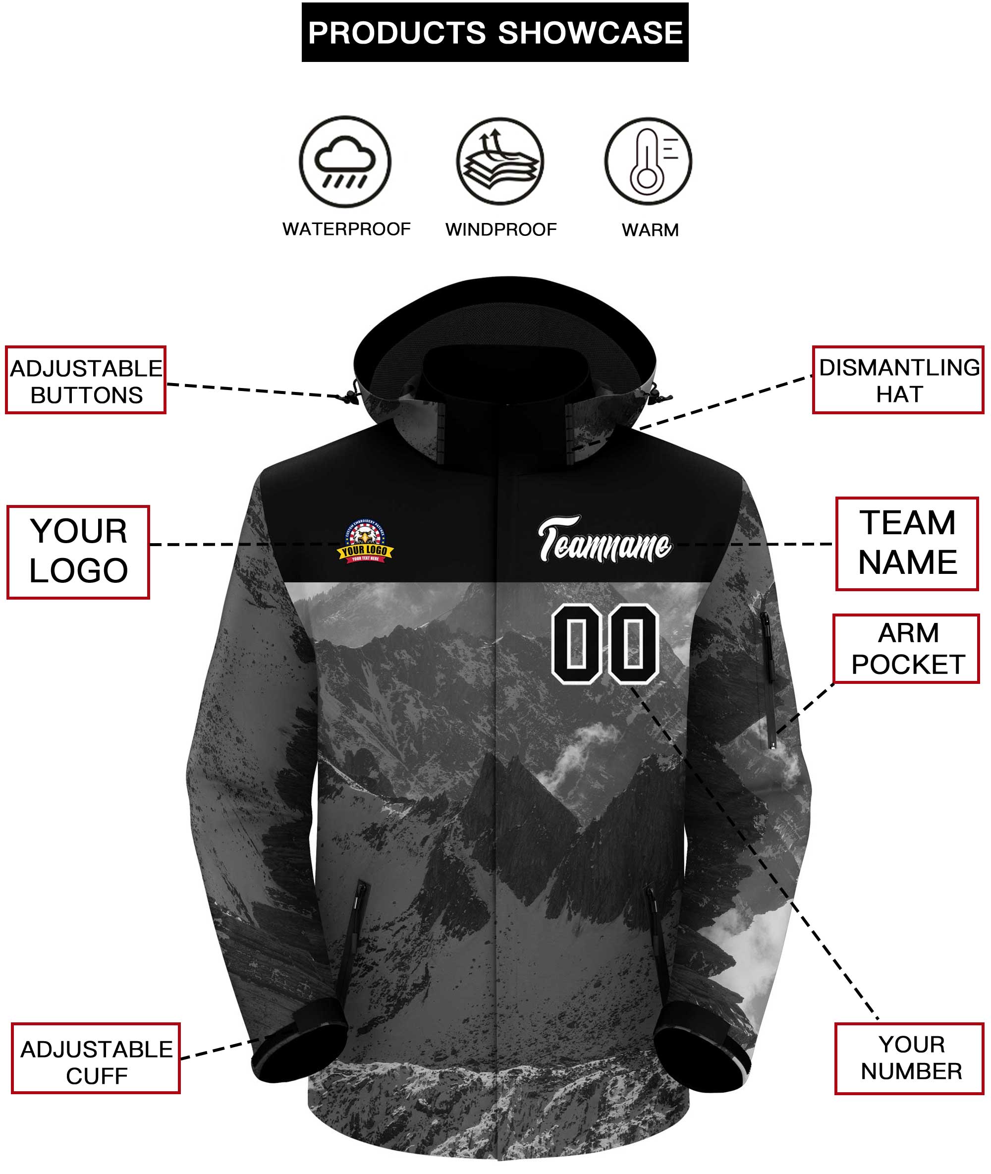 Custom Black White Snow Mountain Graffiti Pattern Personalized Outdoor Hooded Waterproof Jacket