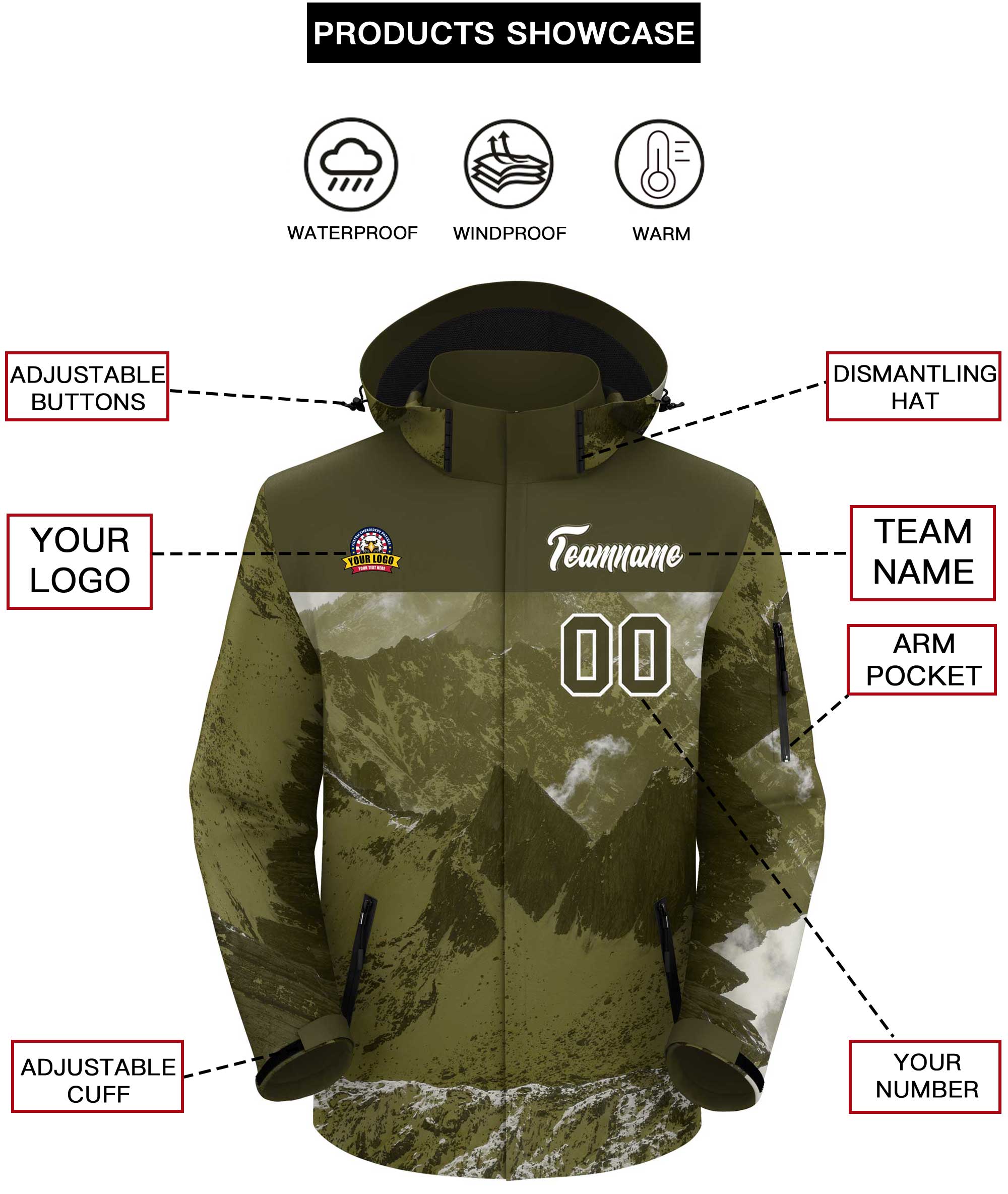 Custom Olive White Snow Mountain Graffiti Pattern Personalized Outdoor Hooded Waterproof Jacket