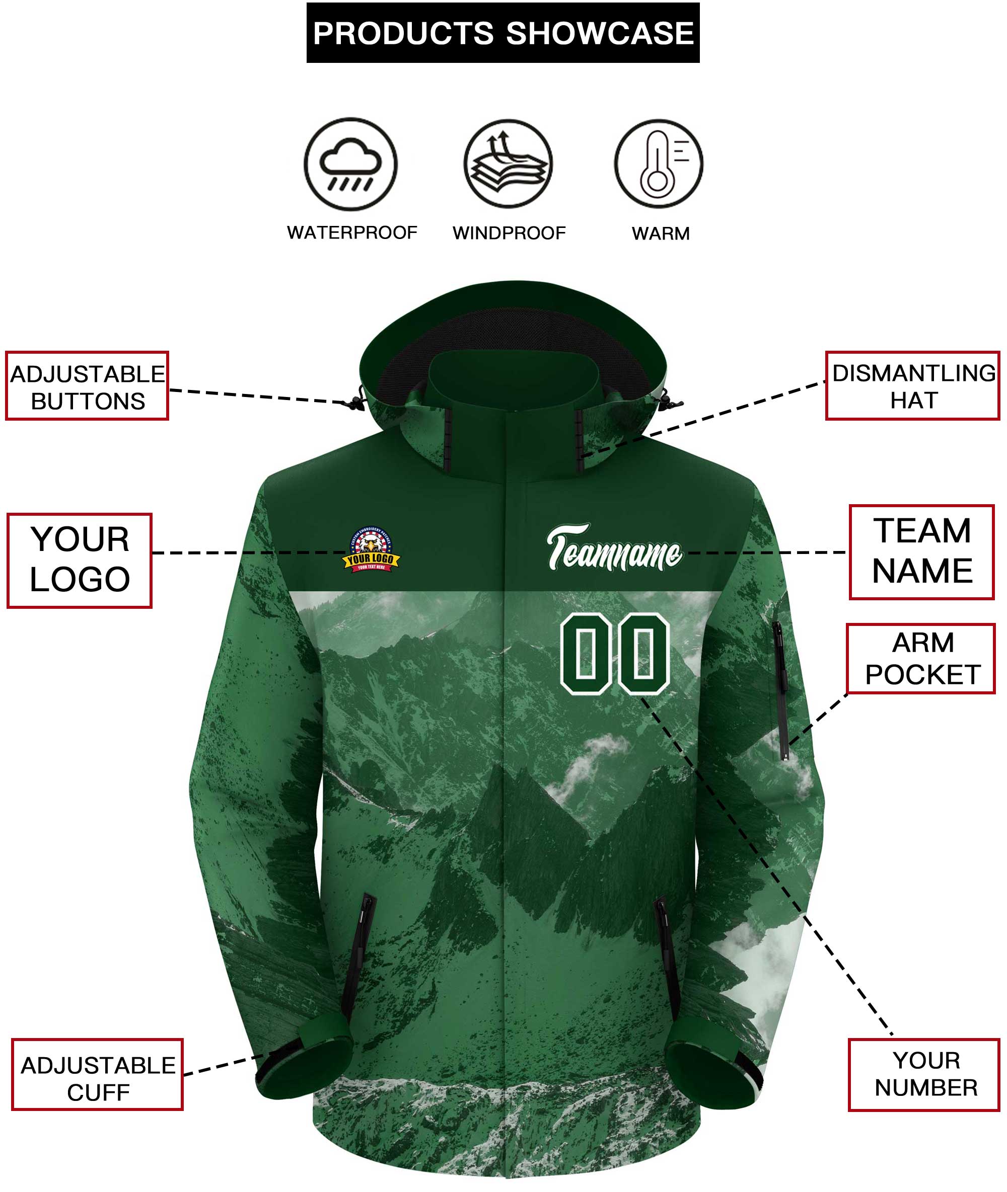 Custom Green White Snow Mountain Graffiti Pattern Personalized Outdoor Hooded Waterproof Jacket