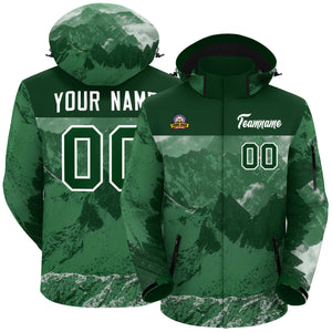 Custom Green White Snow Mountain Graffiti Pattern Personalized Outdoor Hooded Waterproof Jacket