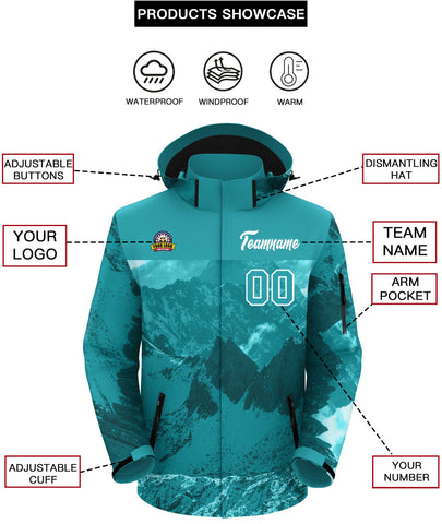Custom Aqua White Snow Mountain Graffiti Pattern Personalized Outdoor Hooded Waterproof Jacket