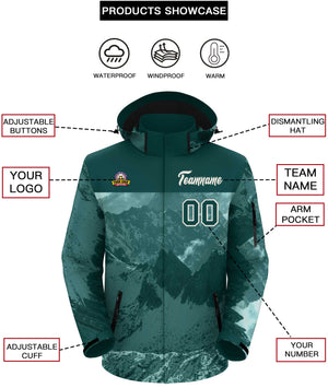 Custom Midnight Green Cream Snow Mountain Graffiti Pattern Personalized Outdoor Hooded Waterproof Jacket