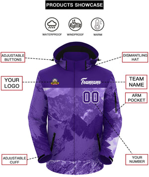 Custom Purple White Snow Mountain Graffiti Pattern Personalized Outdoor Hooded Waterproof Jacket