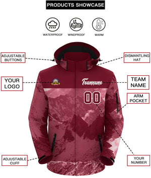 Custom Crimson White Snow Mountain Graffiti Pattern Personalized Outdoor Hooded Waterproof Jacket