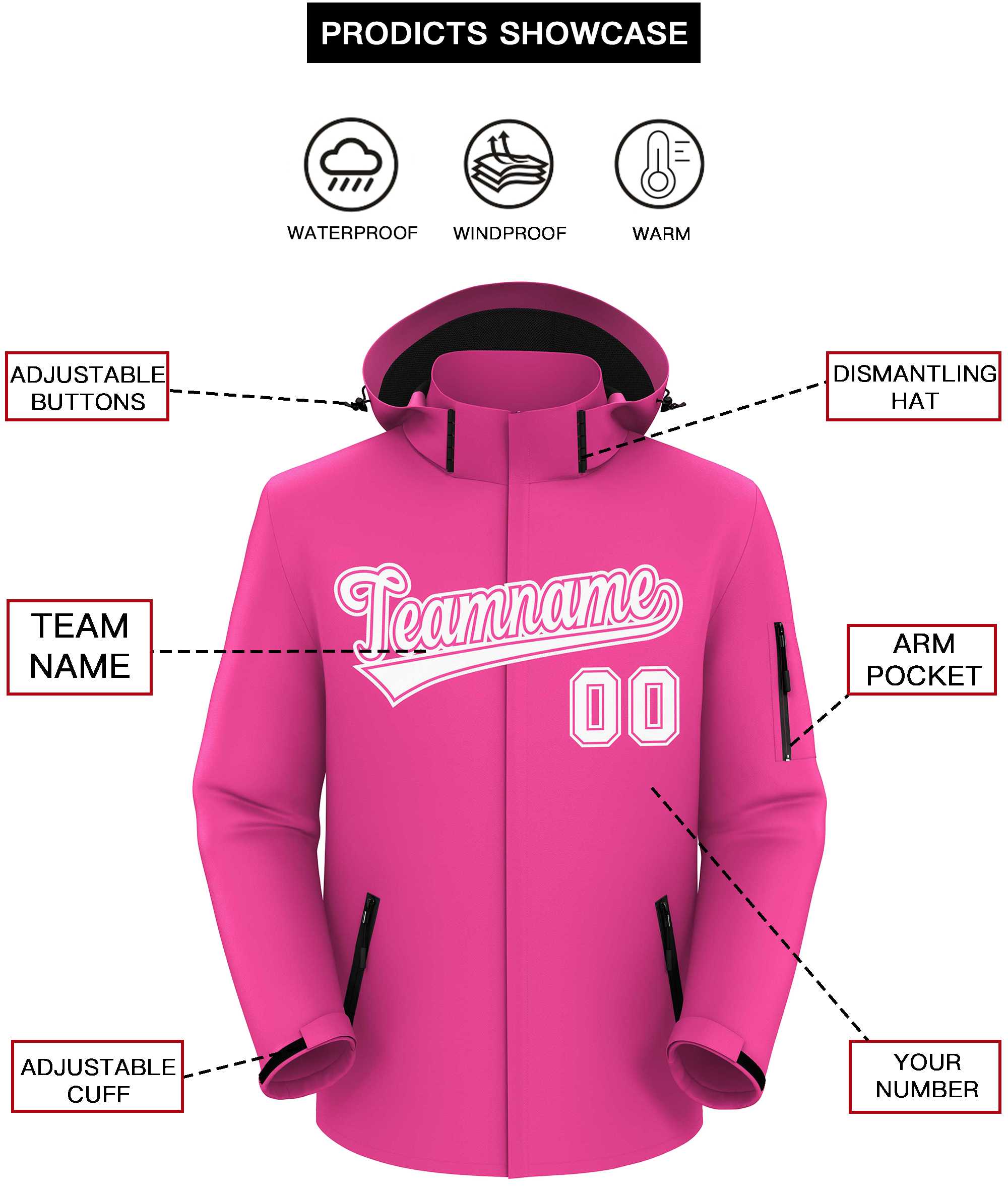 Custom Pink White-White Classic Style Waterproof Jacket