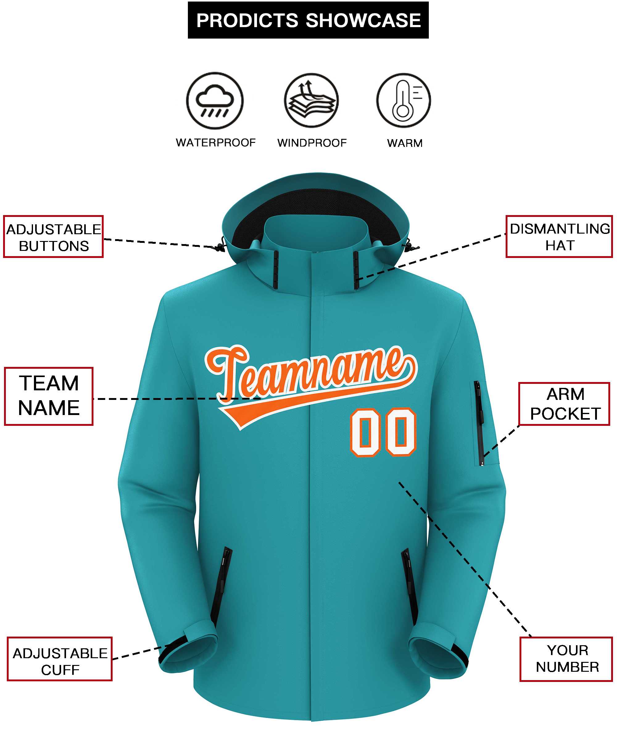 Custom Aqua Orange-White Classic Style Waterproof Jacket