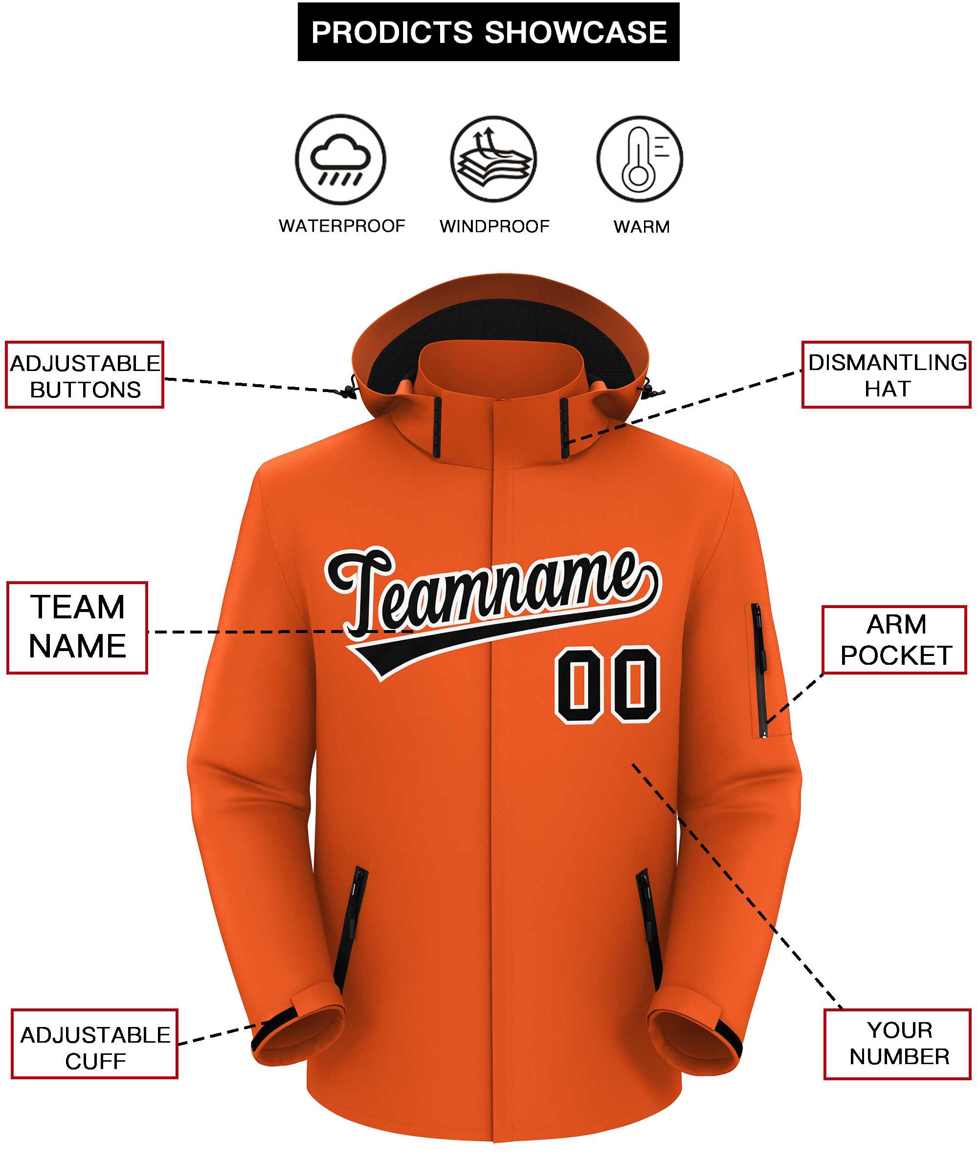 Custom Orange Black-White Classic Style Waterproof Jacket