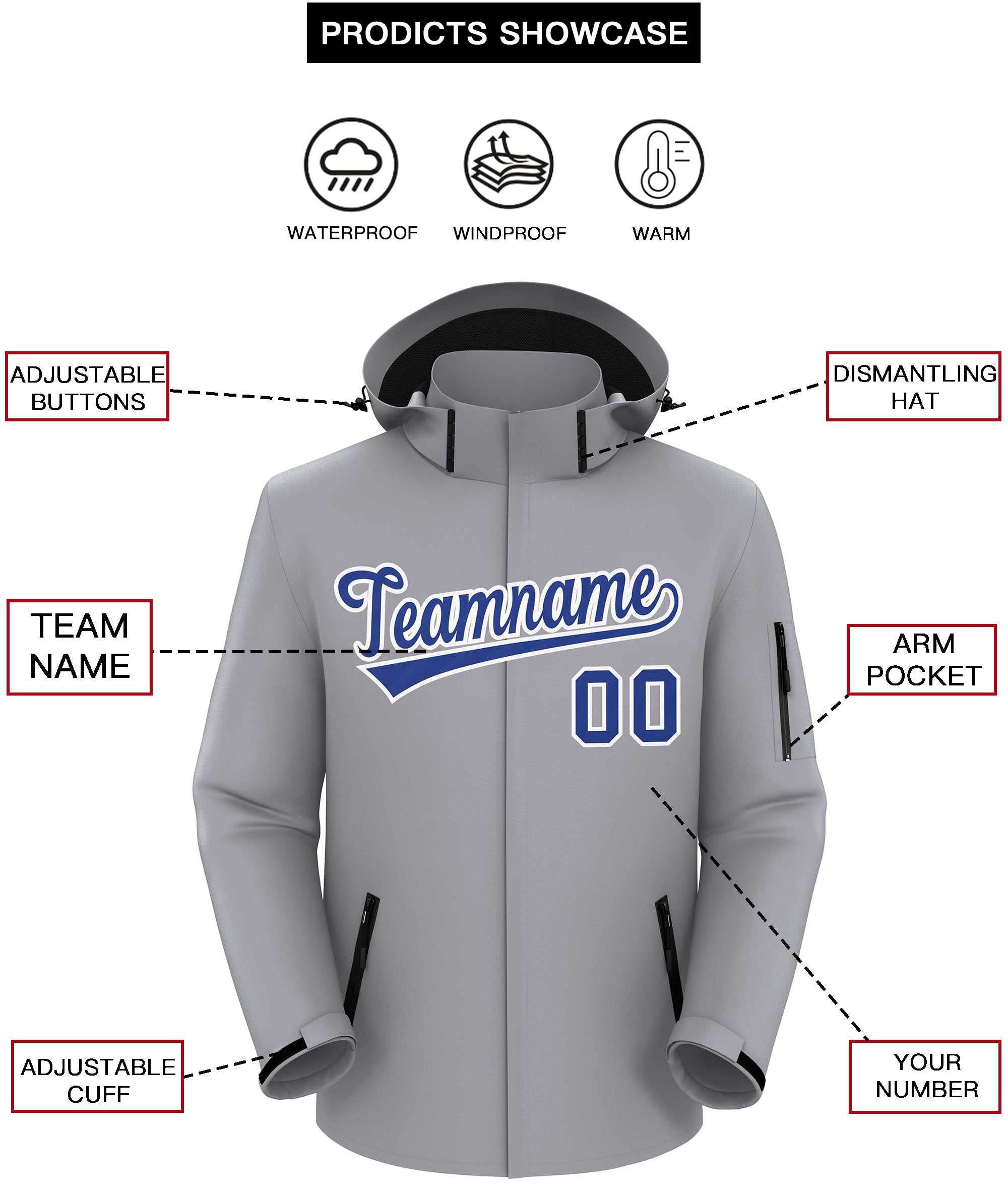 Custom Gray Royal-White Classic Style Waterproof Jacket