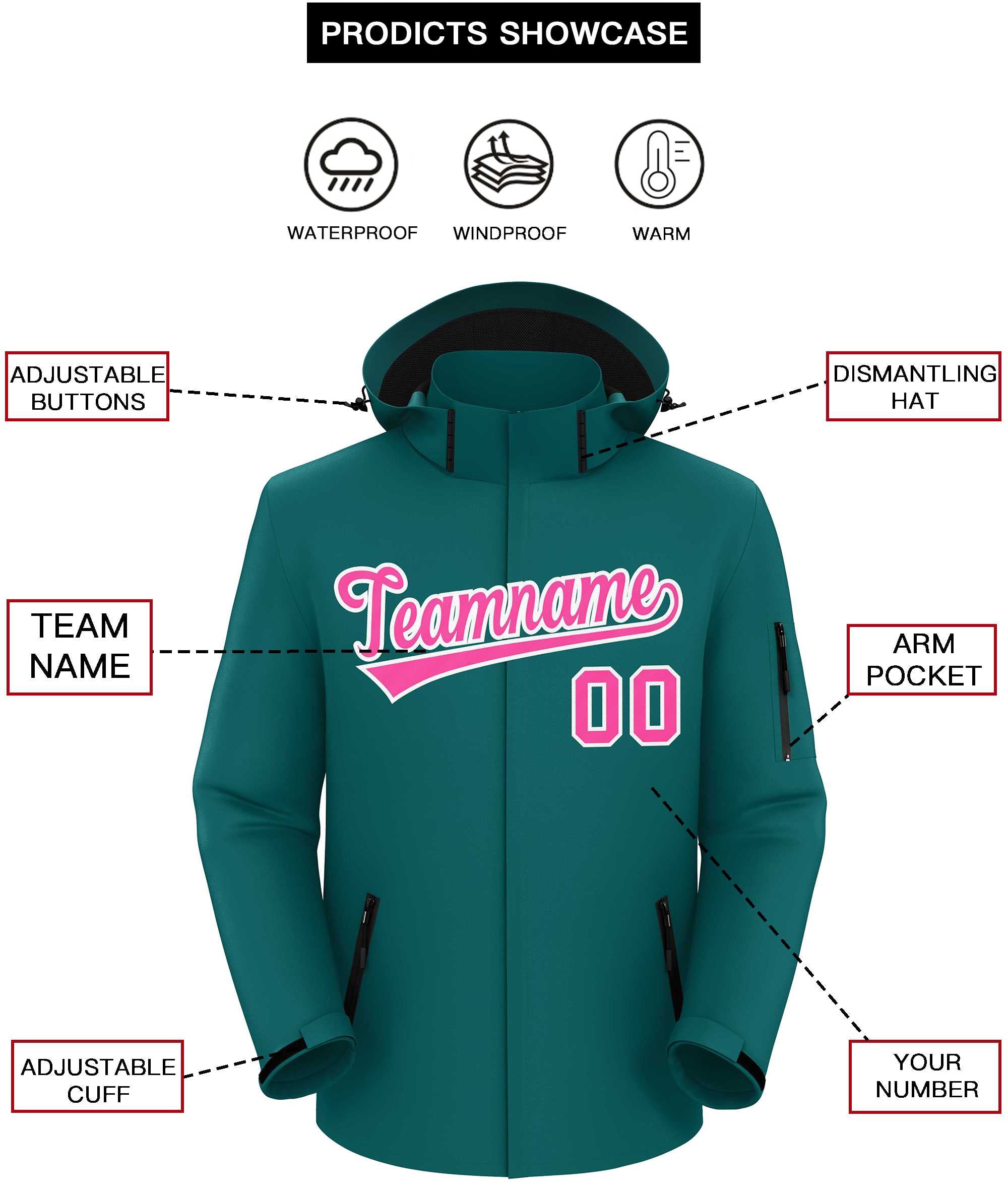 Custom Teal Pink-White Classic Style Waterproof Jacket