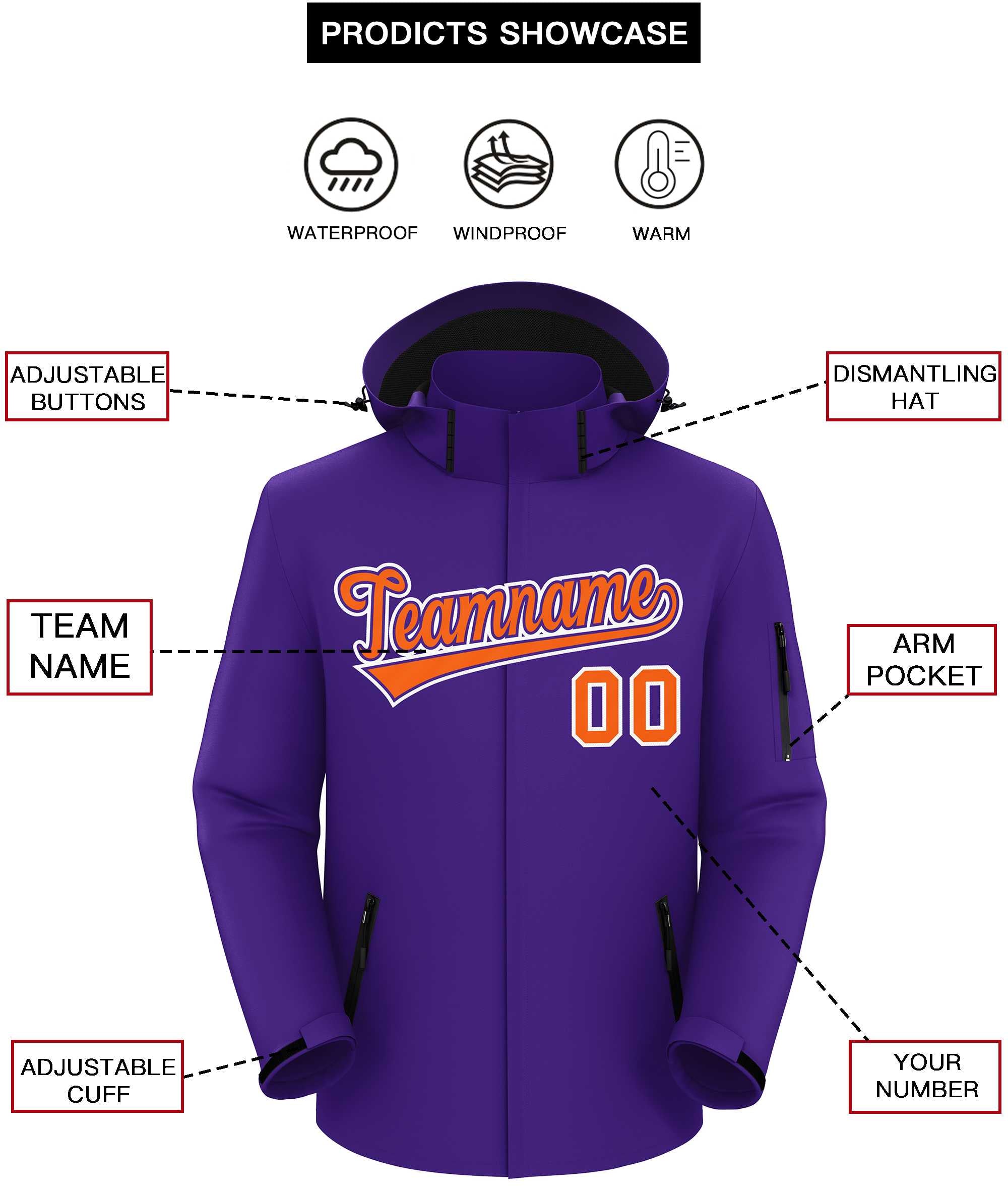 Custom Purple Orange-White Classic Style Waterproof Jacket