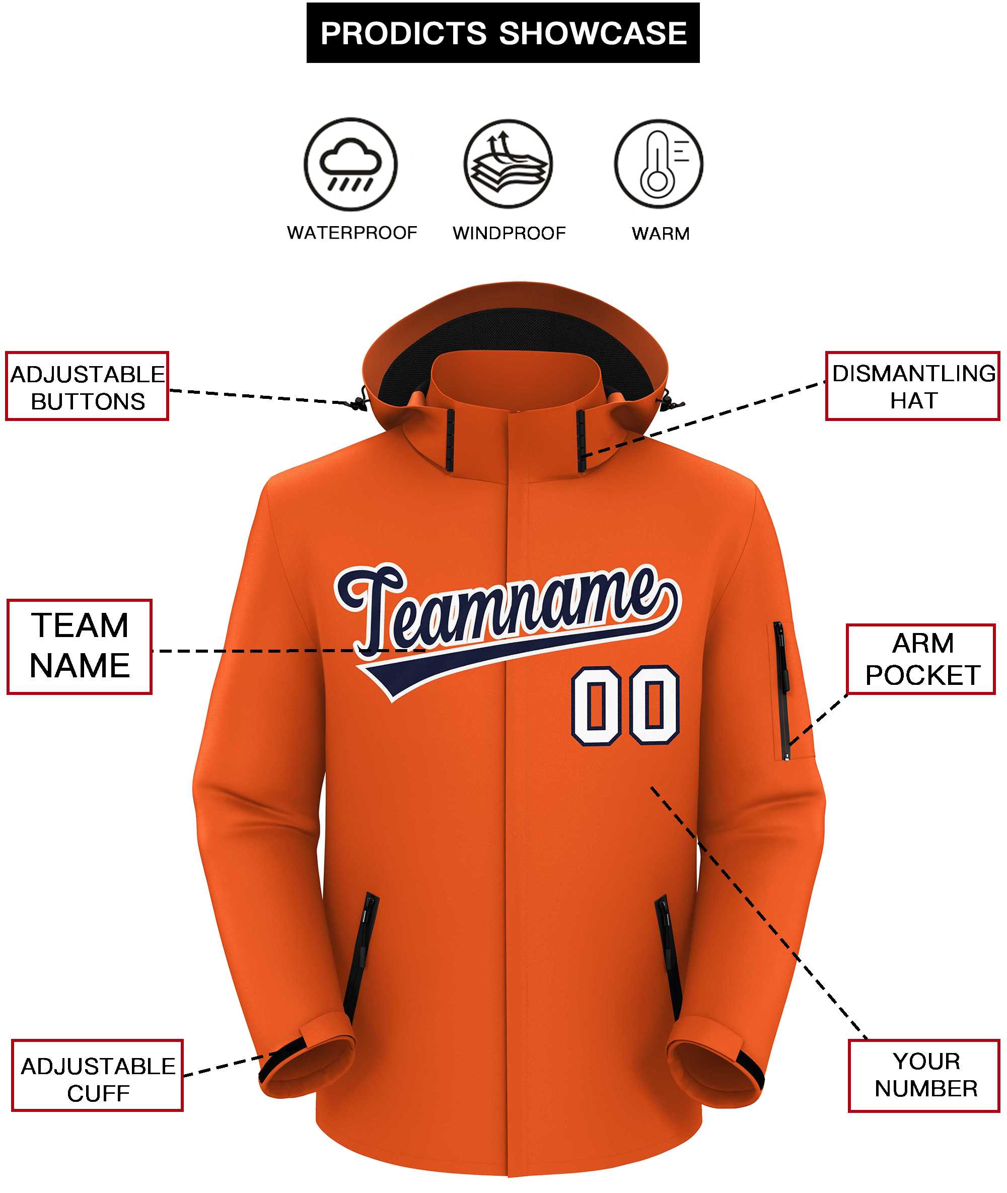 Custom Orange Navy-White Classic Style Waterproof Jacket