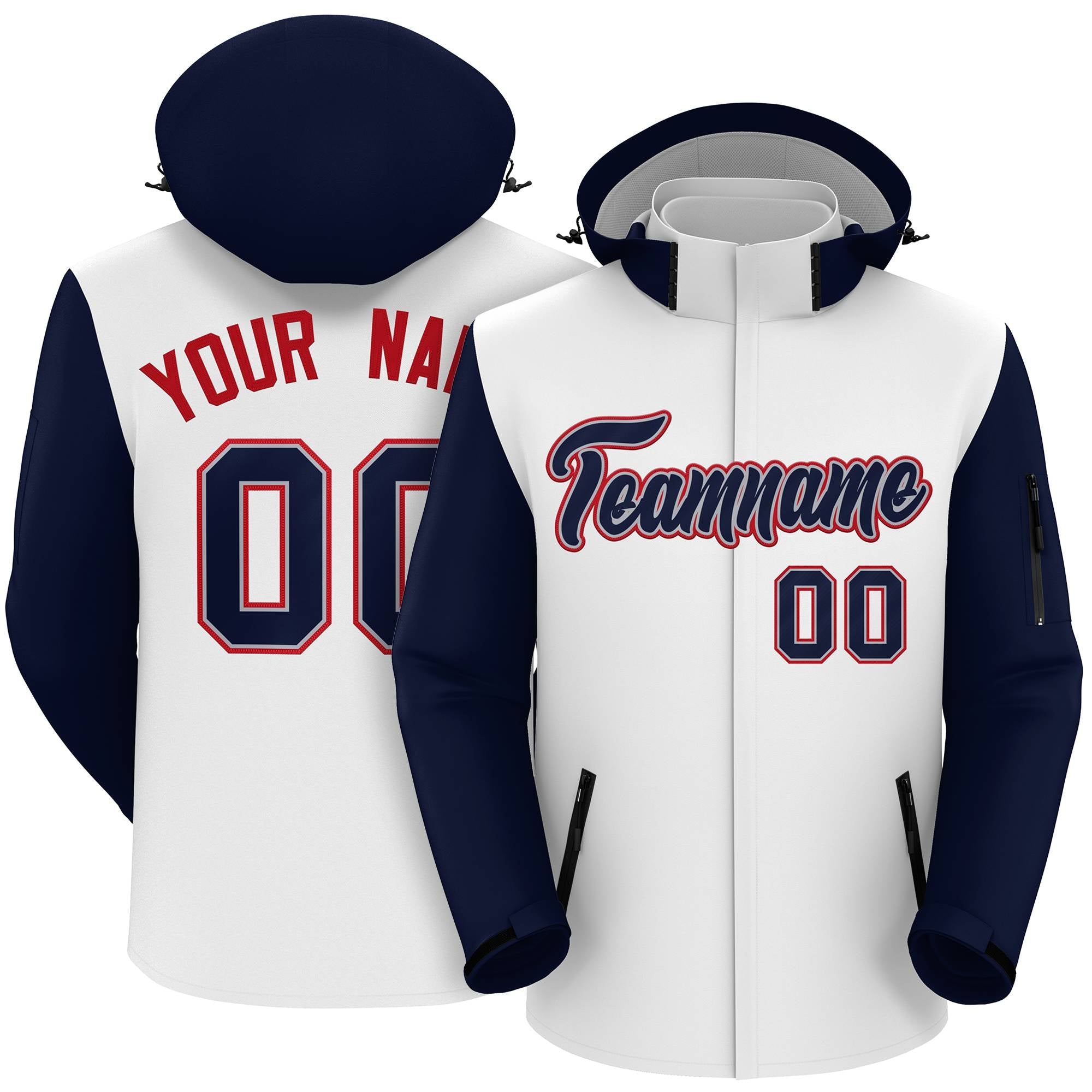 Custom White Navy-Red Raglan Sleeves Waterproof Jacket