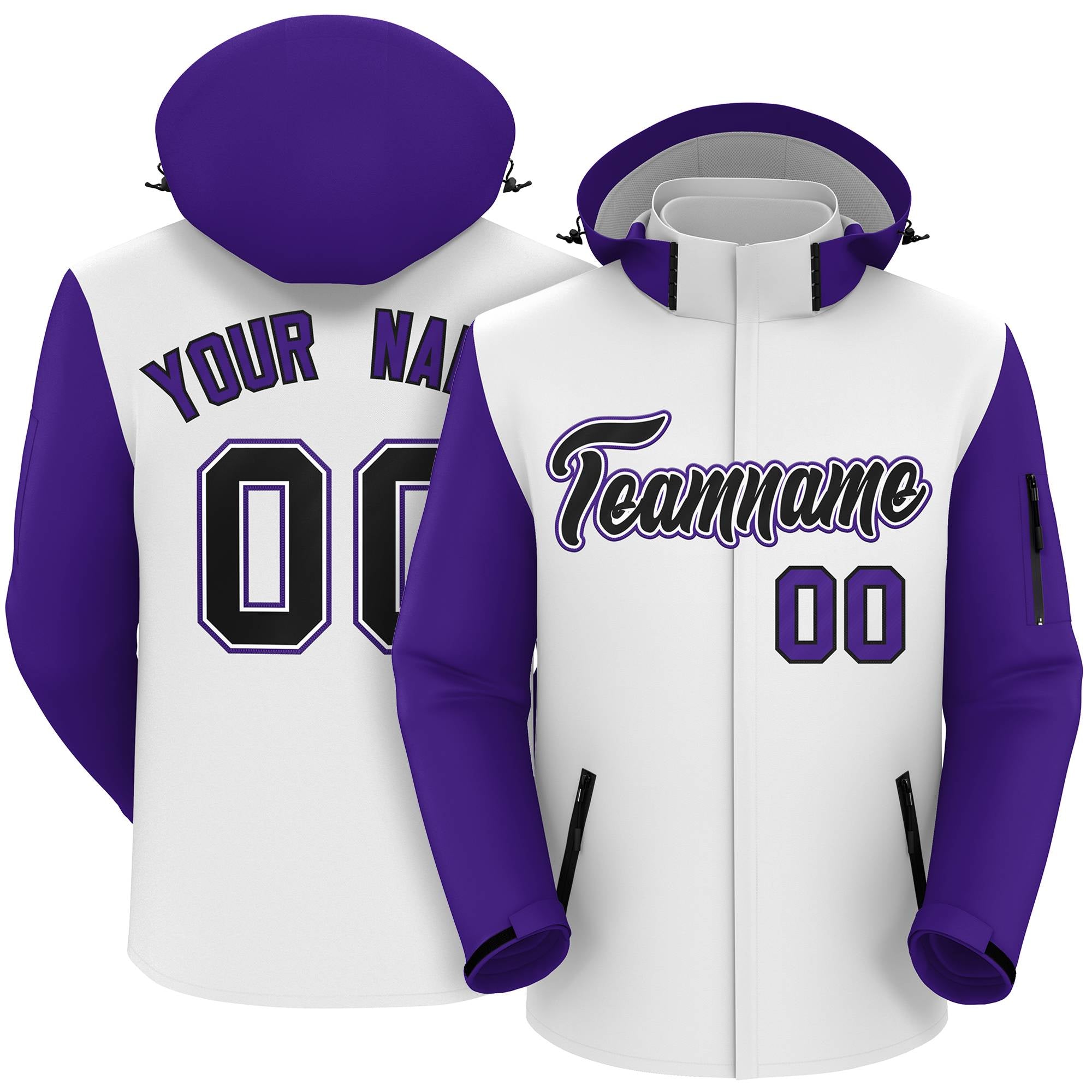 Custom White Purple-Black Raglan Sleeves Waterproof Jacket