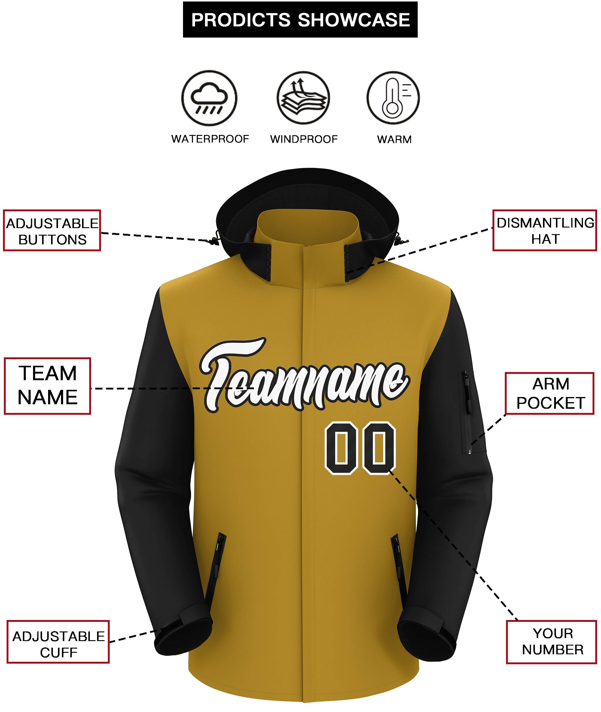 Custom Old Gold Black-White Raglan Sleeves Waterproof Jacket