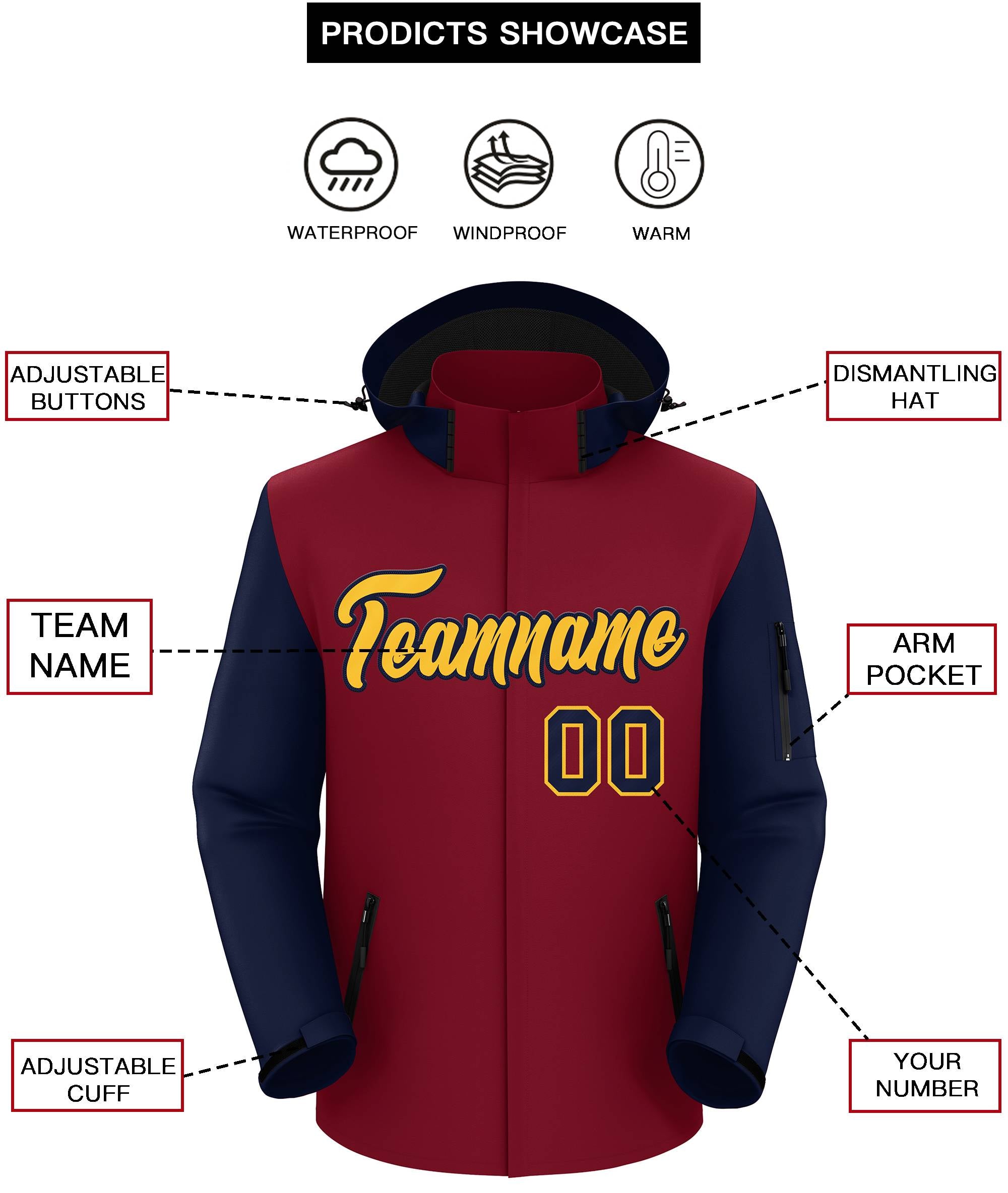 Custom Crimson Navy-Gold Raglan Sleeves Waterproof Jacket