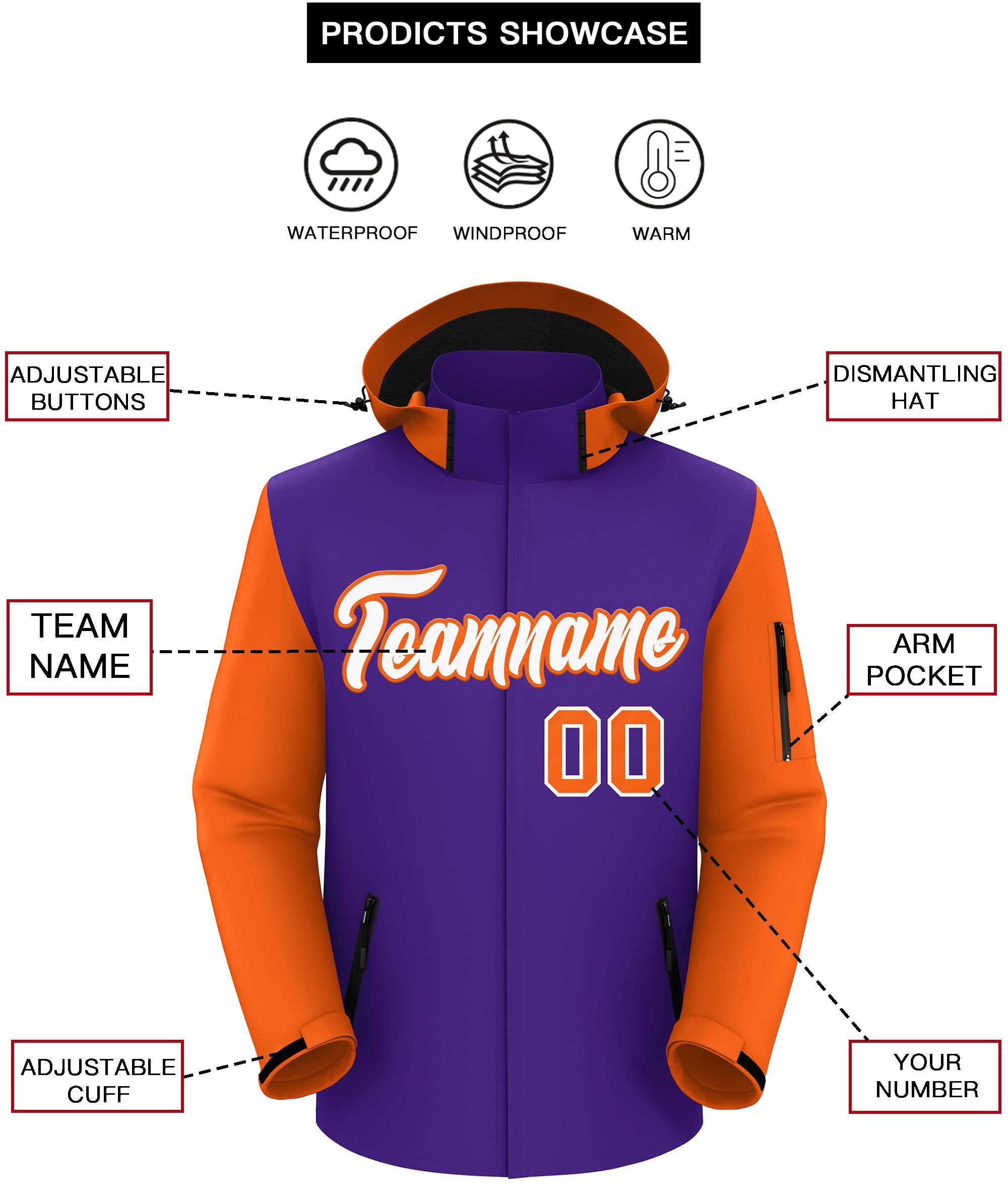 Custom Purple Orange-White Raglan Sleeves Waterproof Jacket