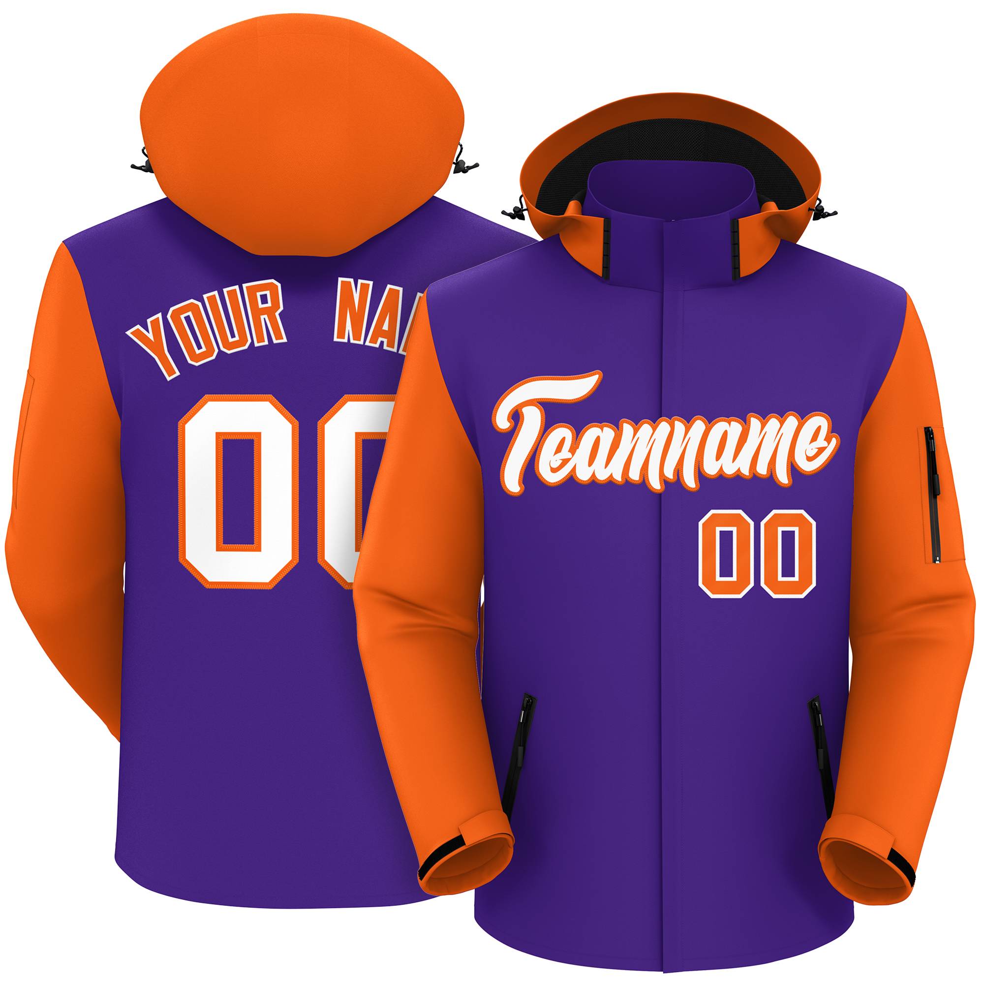 Custom Purple Orange-White Raglan Sleeves Waterproof Jacket