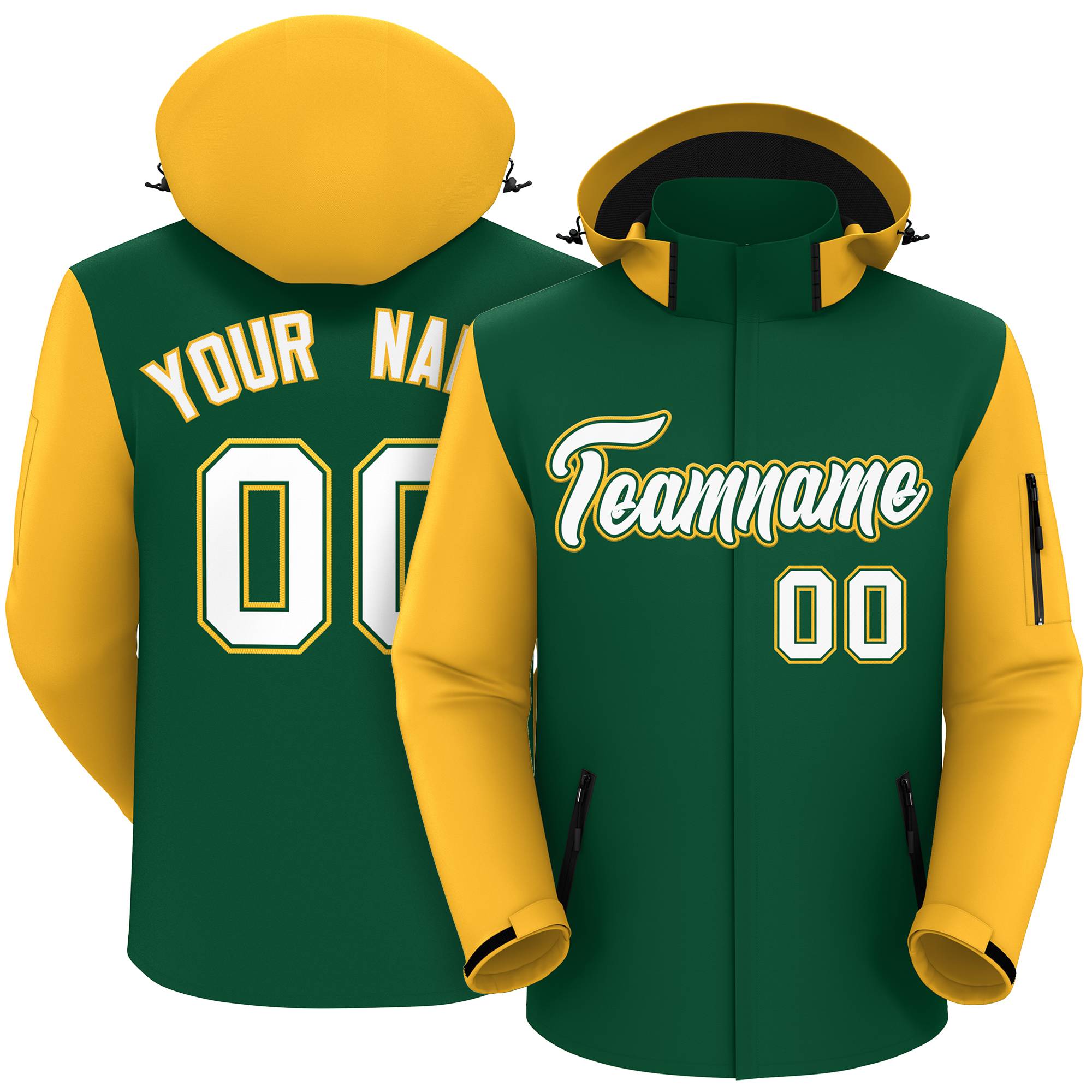 Custom Green Gold-White Raglan Sleeves Waterproof Jacket