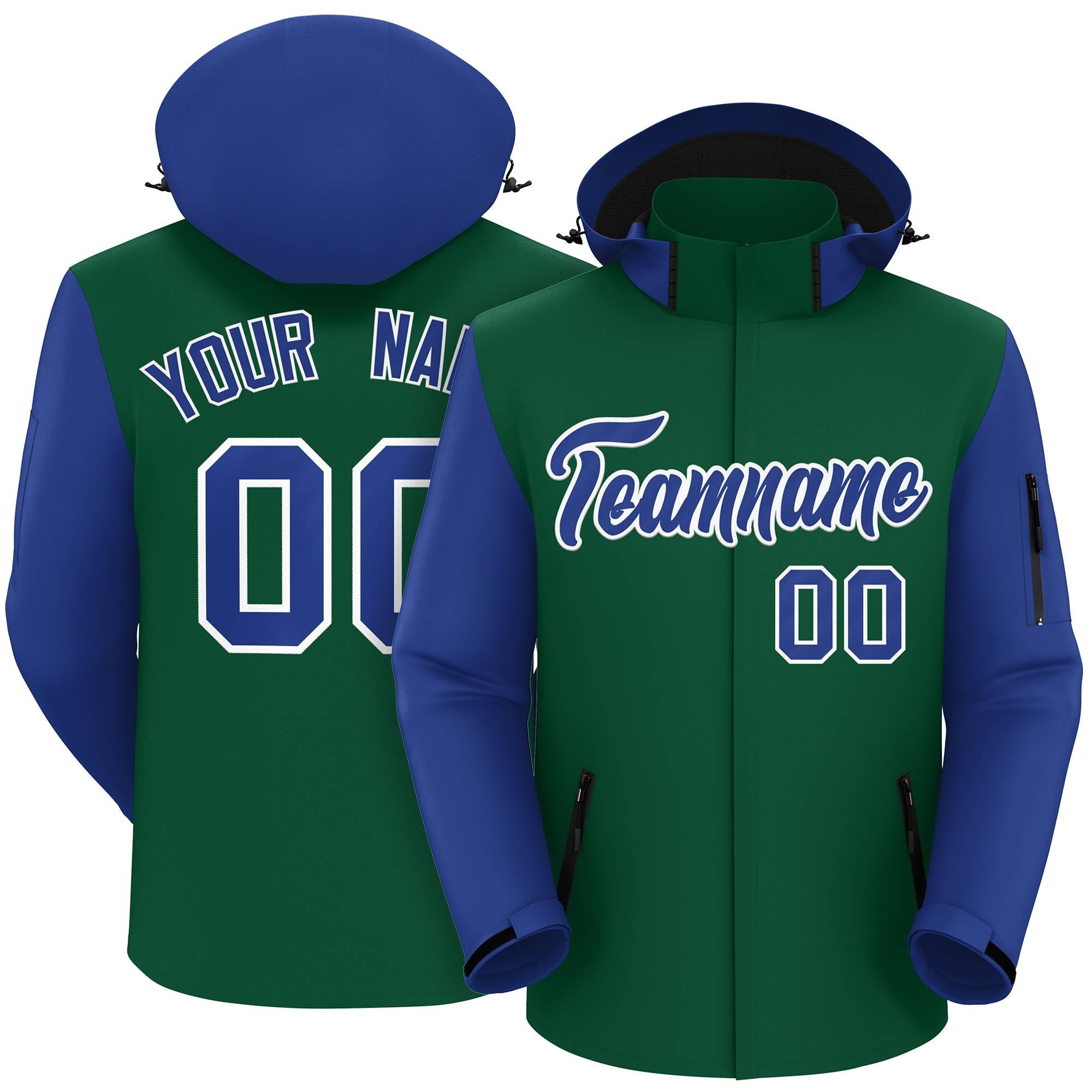 Custom Green Royal-White Raglan Sleeves Waterproof Jacket