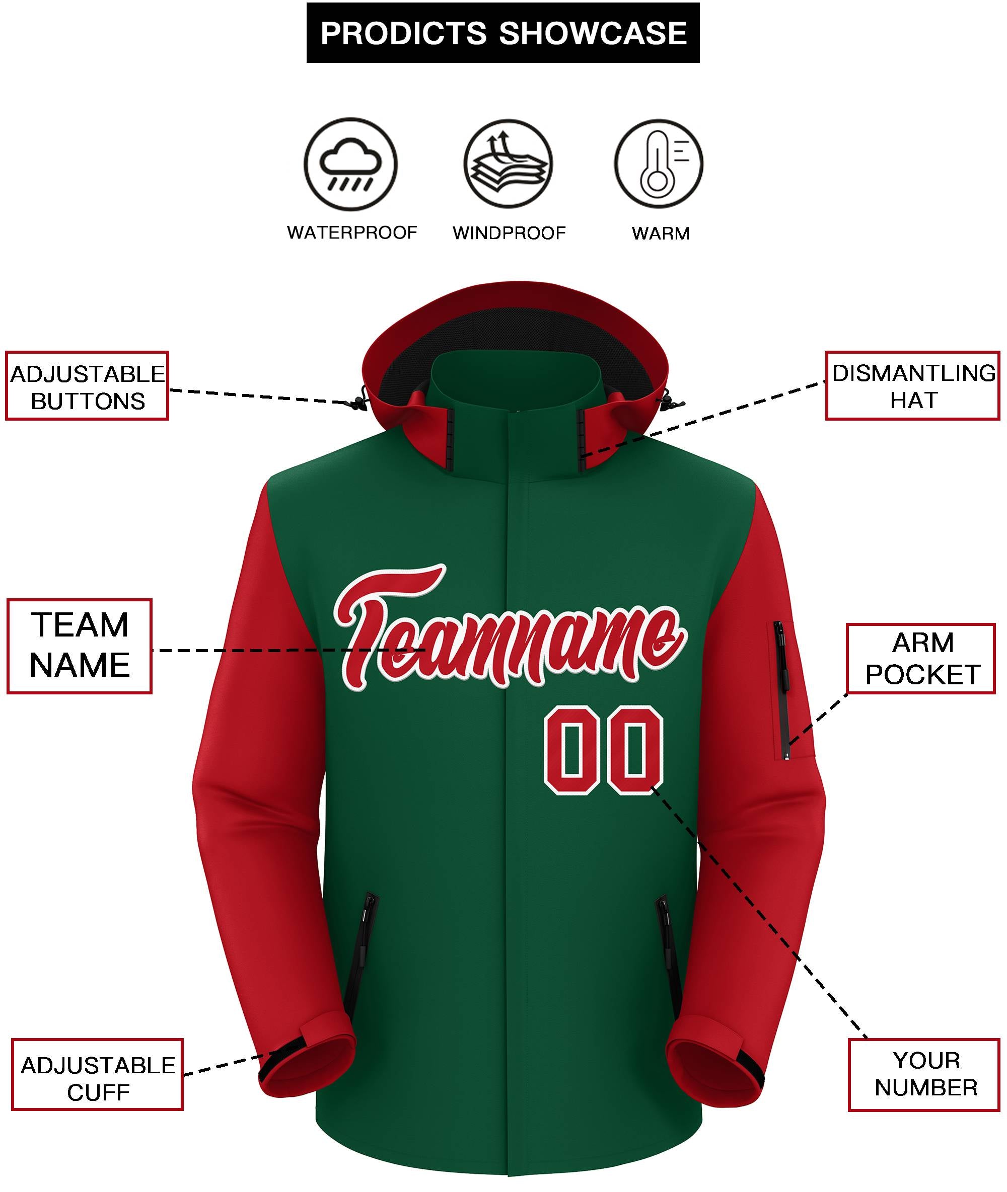 Custom Green Red-White Raglan Sleeves Waterproof Jacket