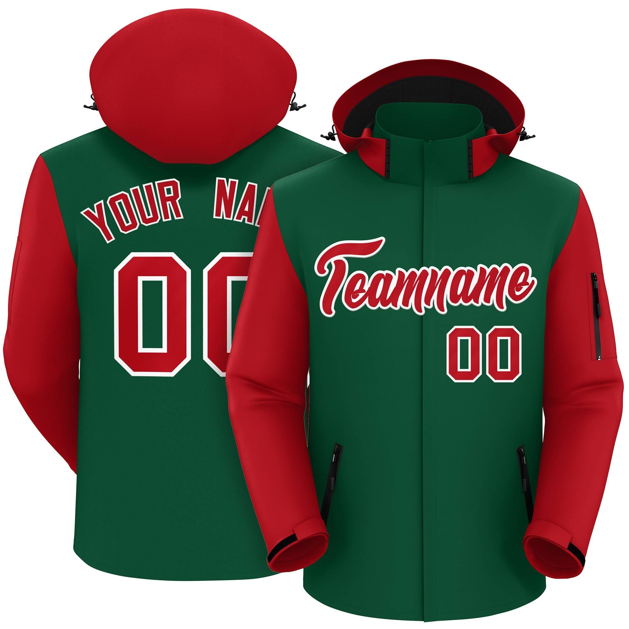 Custom Green Red-White Raglan Sleeves Waterproof Jacket