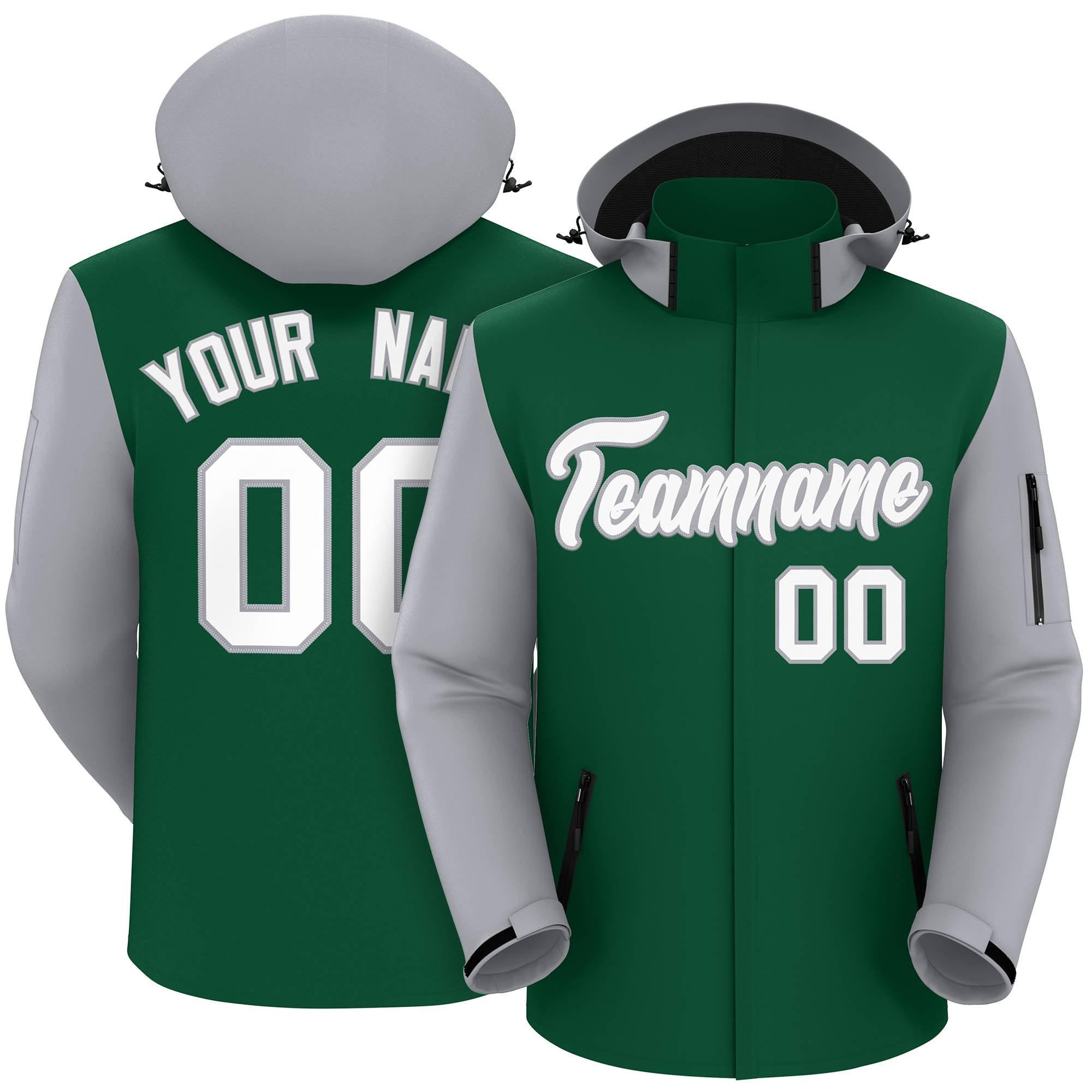 Custom Green Gray-White Raglan Sleeves Waterproof Jacket