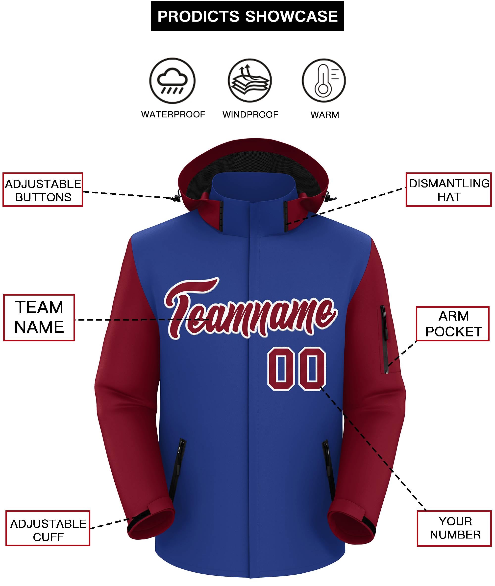 Custom Royal Crimson-White Raglan Sleeves Waterproof Jacket