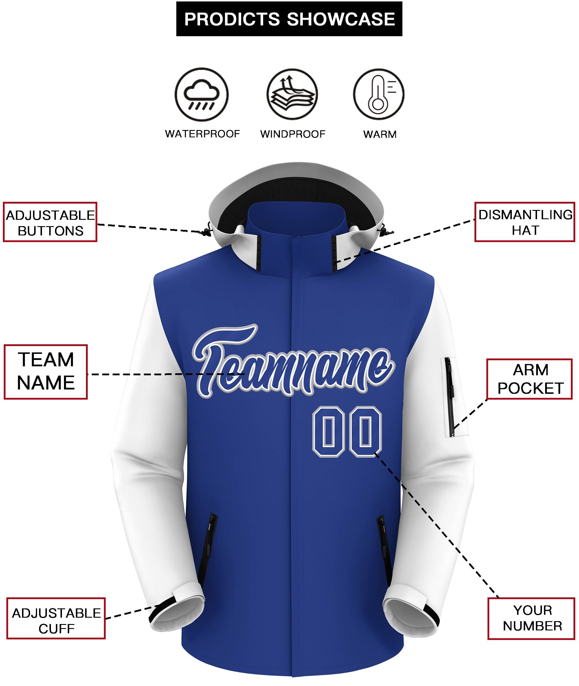 Custom Royal White-Gray Raglan Sleeves Waterproof Jacket