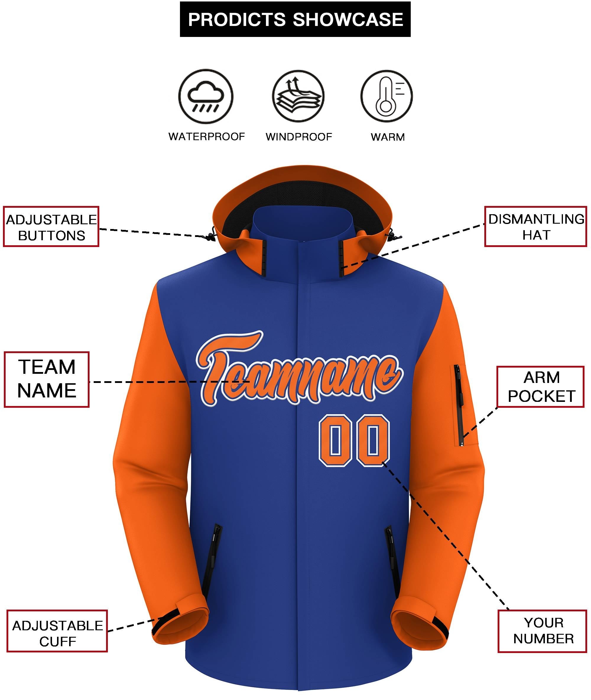 Custom Royal Orange-White Raglan Sleeves Waterproof Jacket