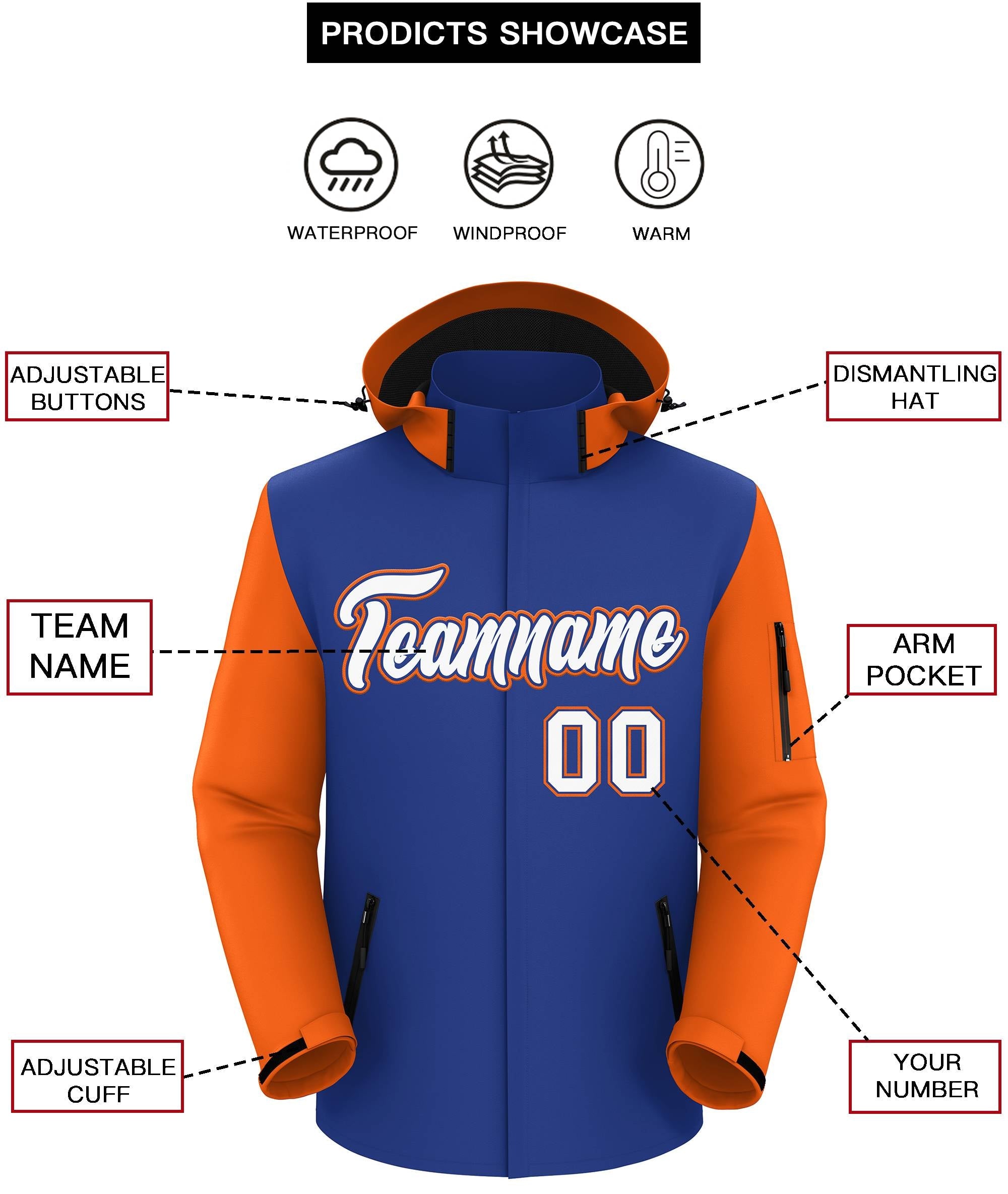 Custom Royal Orange-White Raglan Sleeves Waterproof Jacket