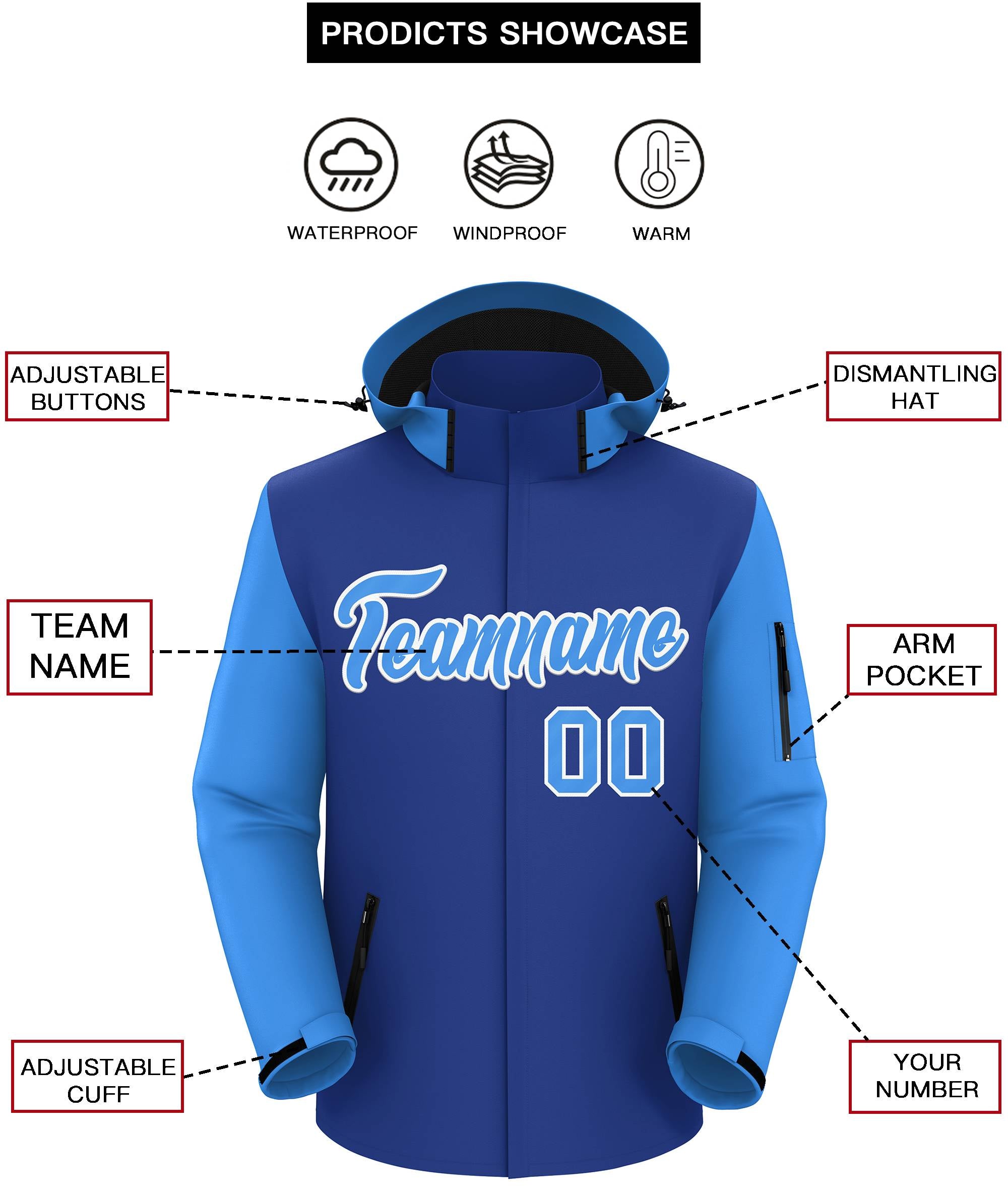 Veste imperméable à manches raglan bleu-blanc Royal Powder personnalisée