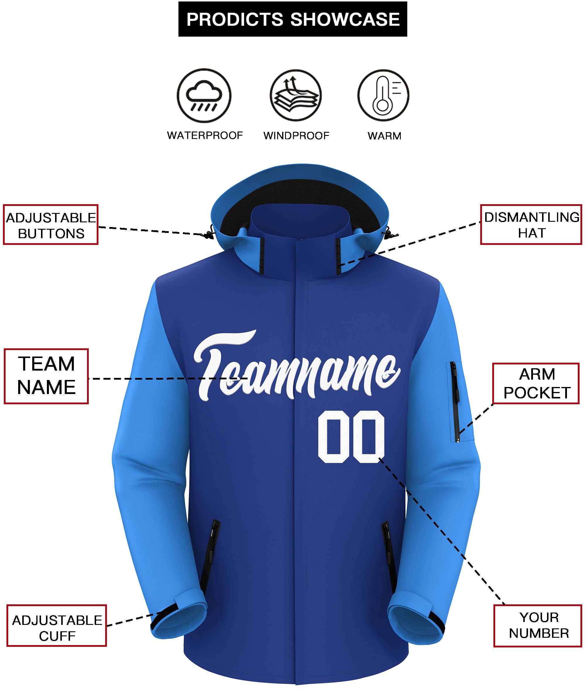 Custom Royal Powder Blue-White Raglan Sleeves Waterproof Jacket