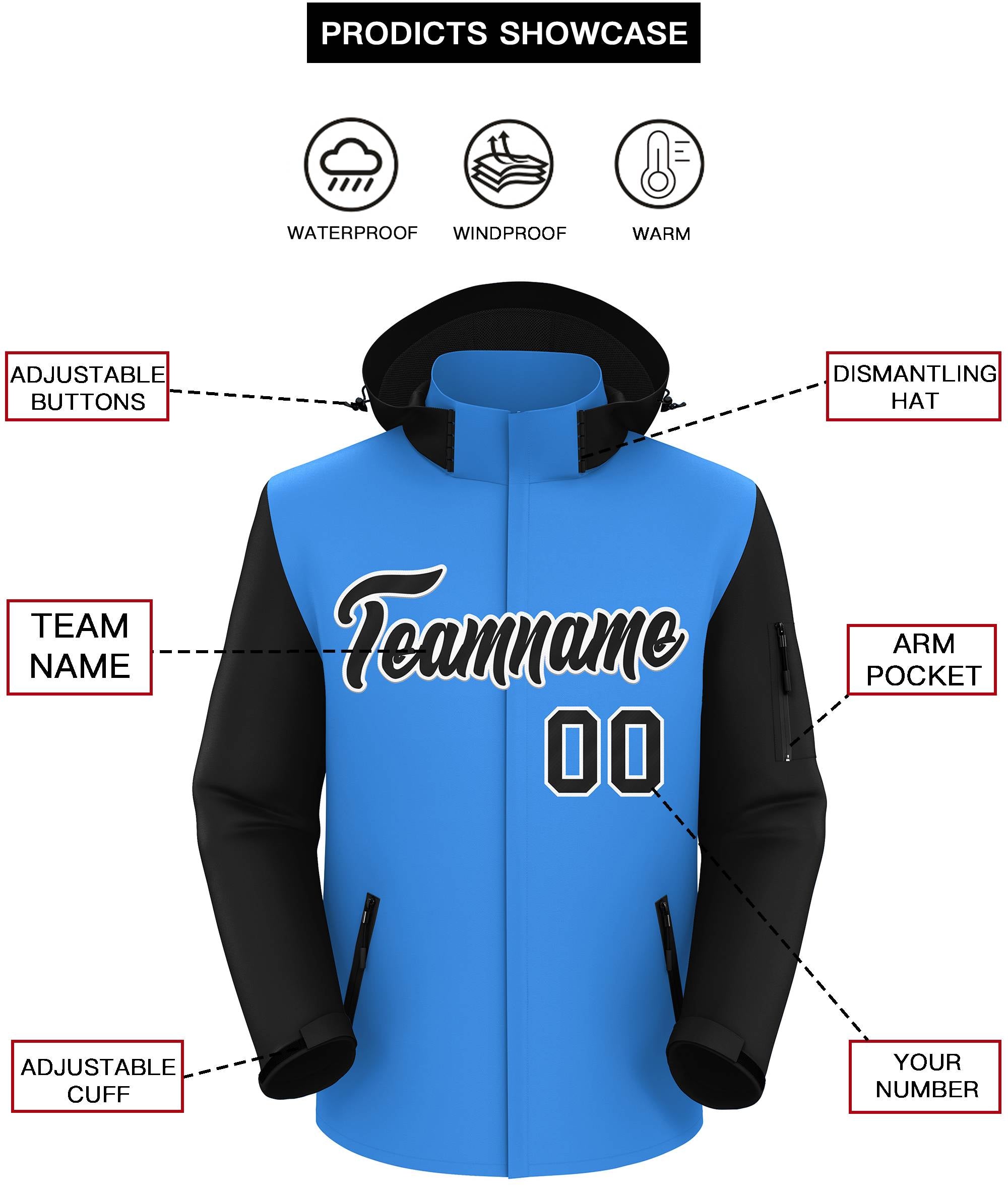 Custom Powder Blue Black-White Raglan Sleeves Waterproof Jacket