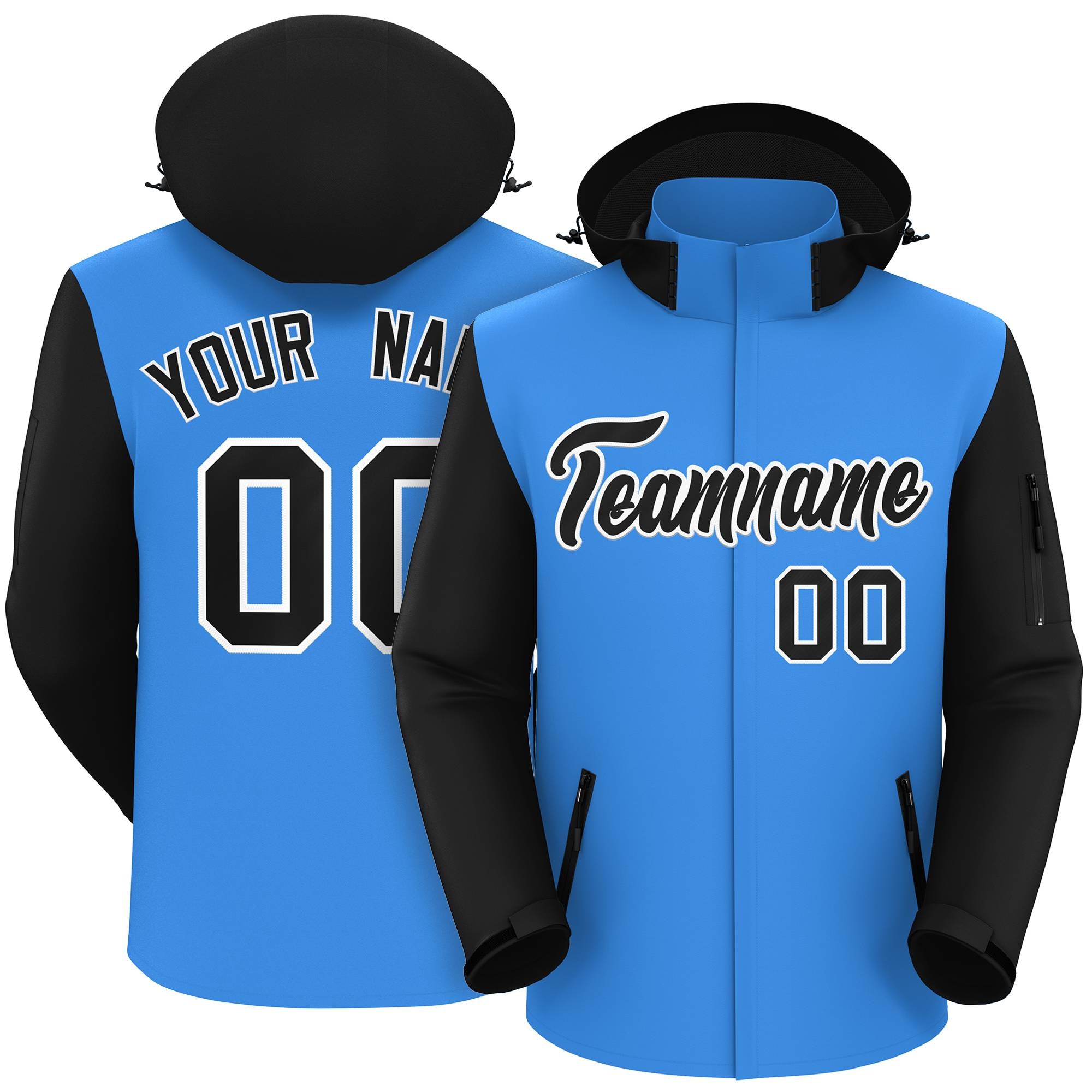 Custom Powder Blue Black-White Raglan Sleeves Waterproof Jacket