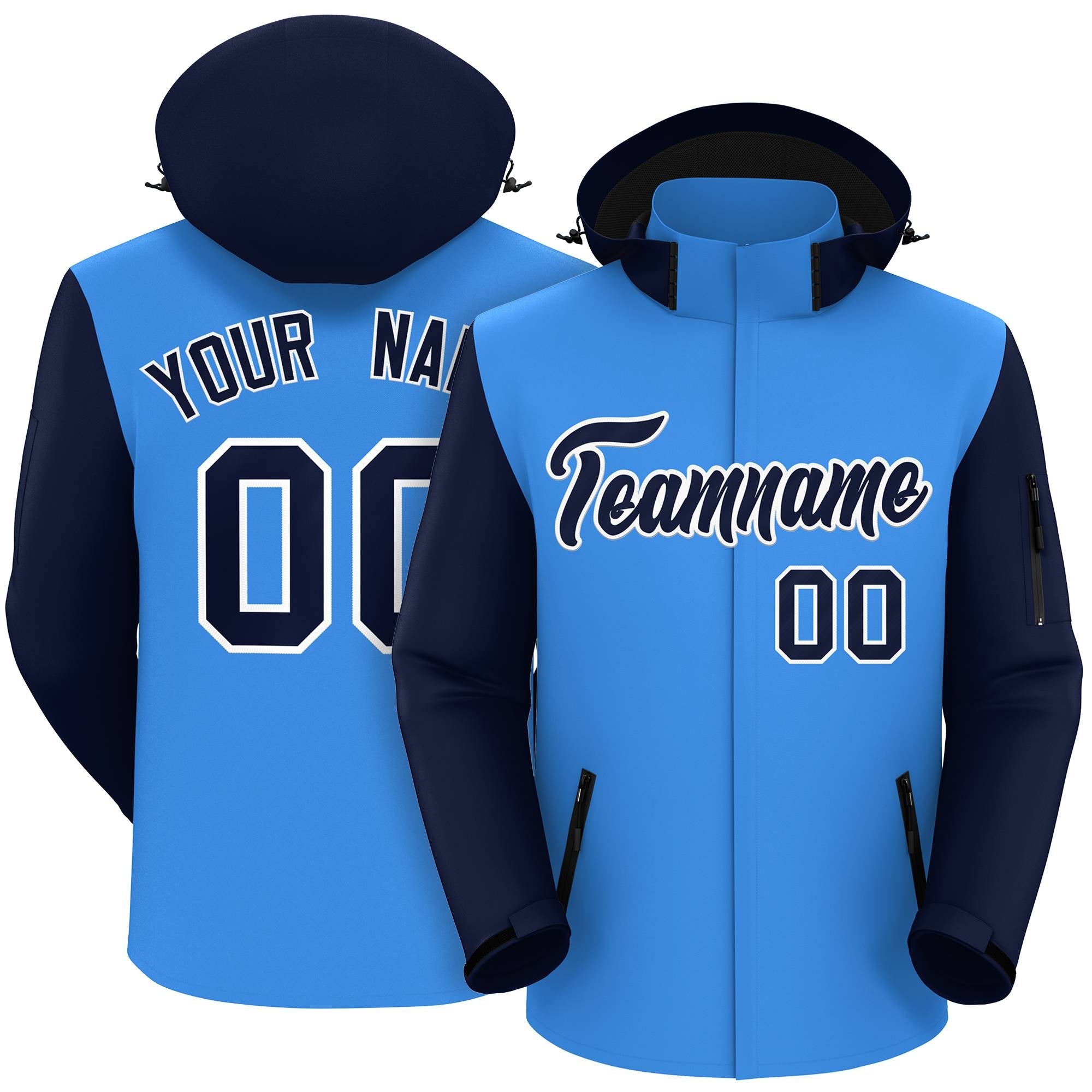 Custom Powder Blue Navy-White Raglan Sleeves Waterproof Jacket