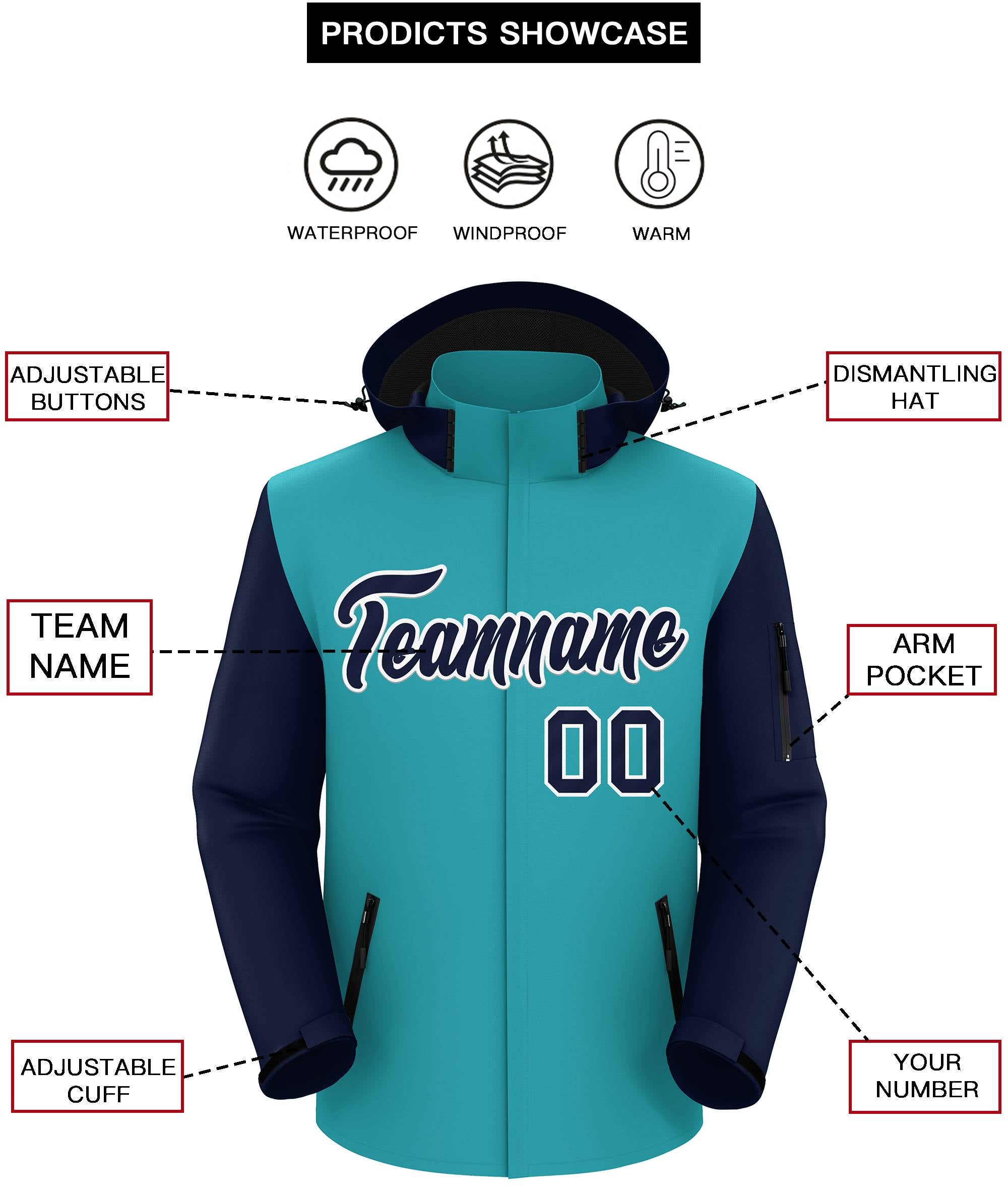 Custom Aqua Navy-White Raglan Sleeves Waterproof Jacket