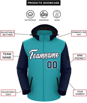 Custom Aqua Navy-White Raglan Sleeves Waterproof Jacket