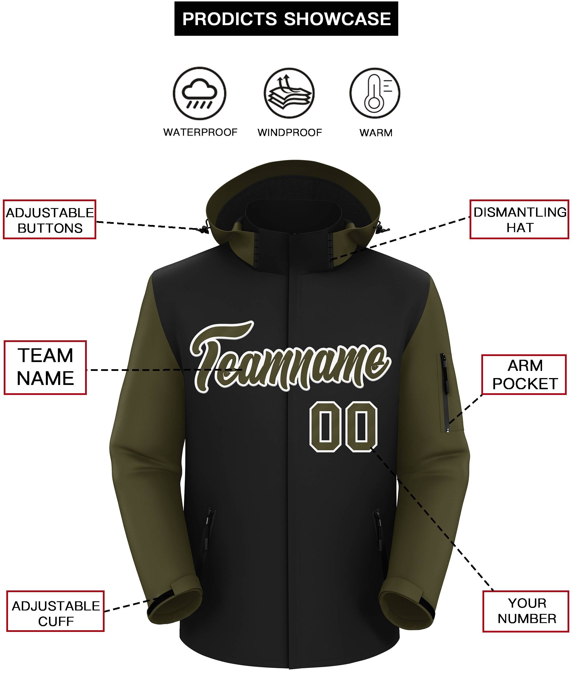 Custom Black Olive-White Raglan Sleeves Waterproof Jacket