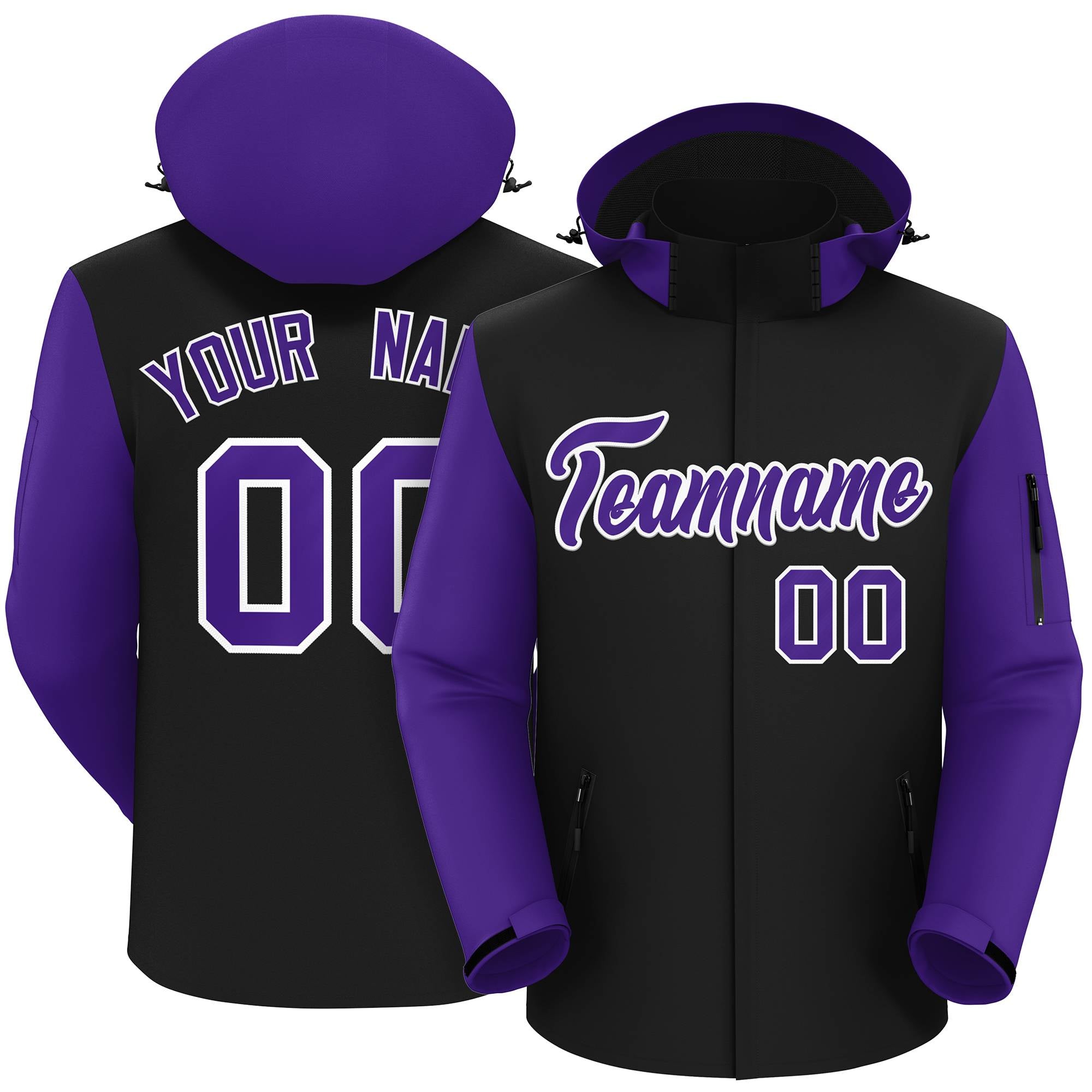 Custom Black Purple-White Raglan Sleeves Waterproof Jacket