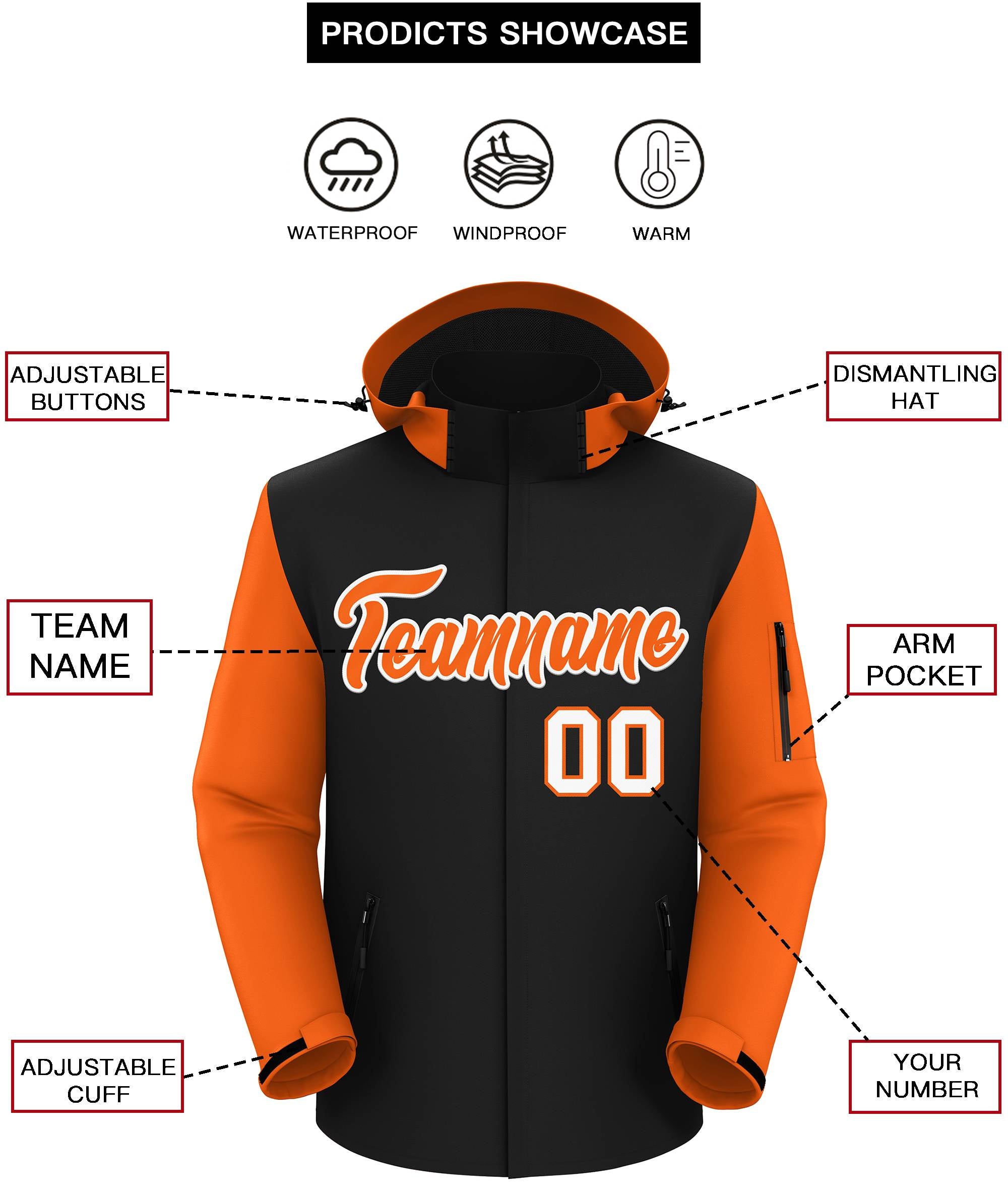 Custom Black Orange-White Raglan Sleeves Waterproof Jacket