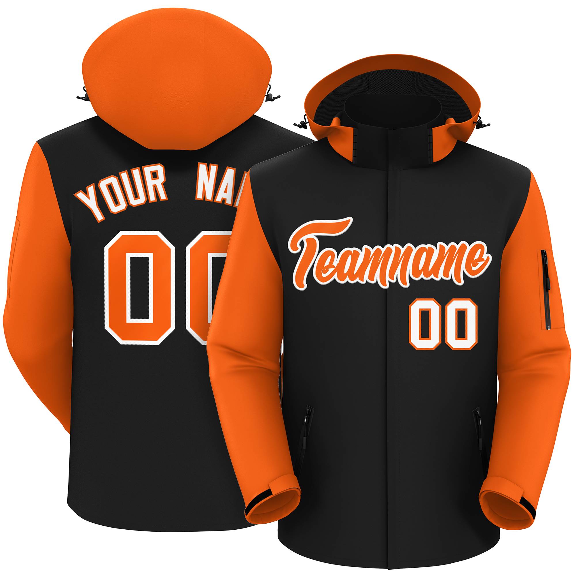 Veste imperméable personnalisée à manches raglan noir orange-blanc