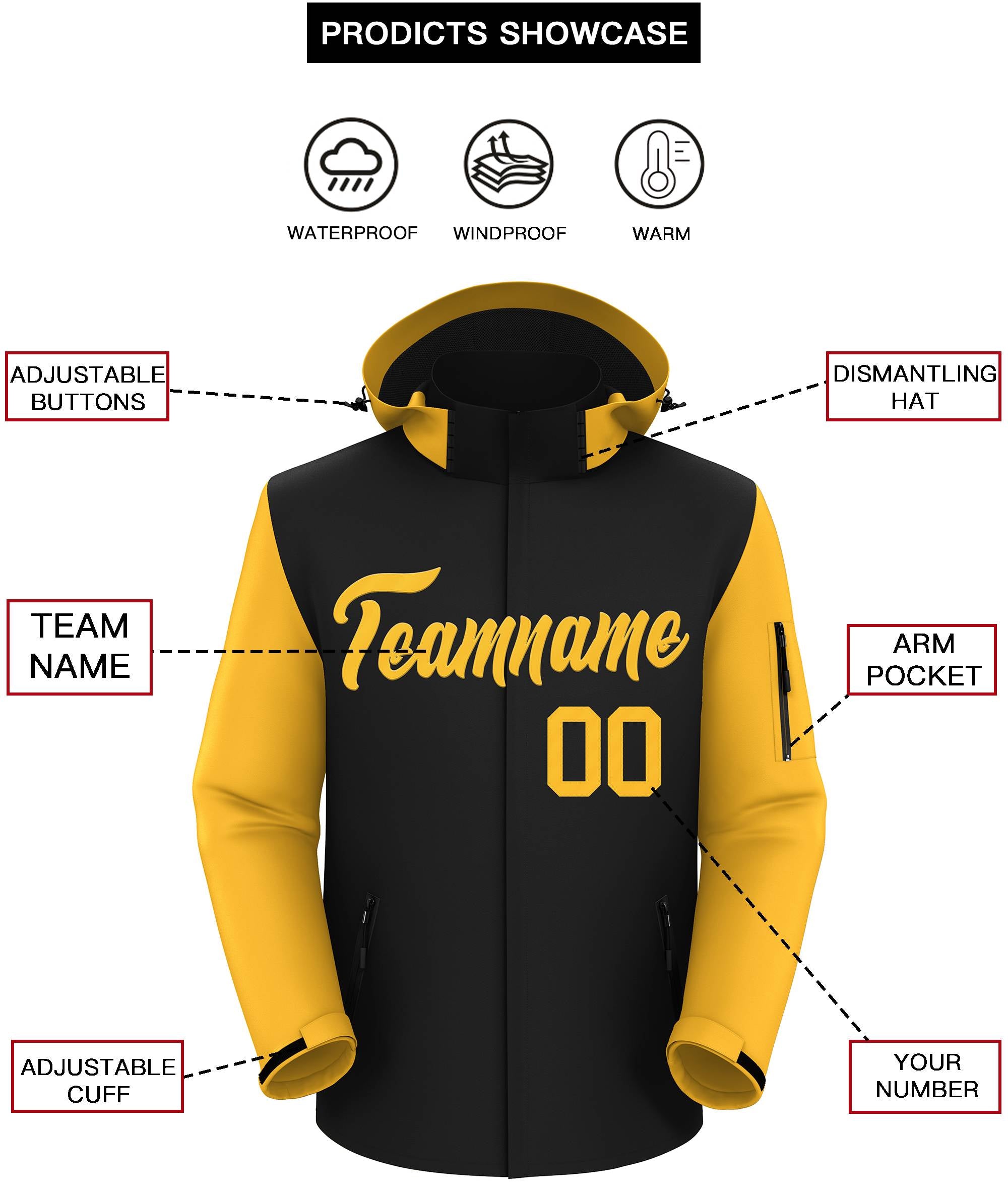 Custom Black Gold Raglan Sleeves Waterproof Jacket