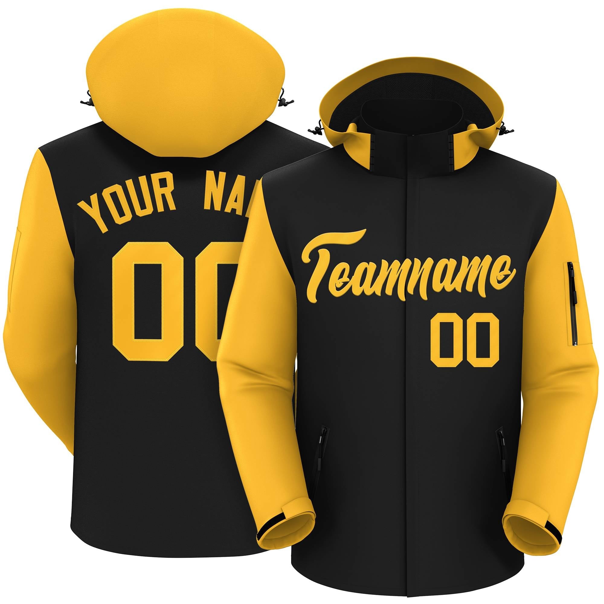 Custom Black Gold Raglan Sleeves Waterproof Jacket