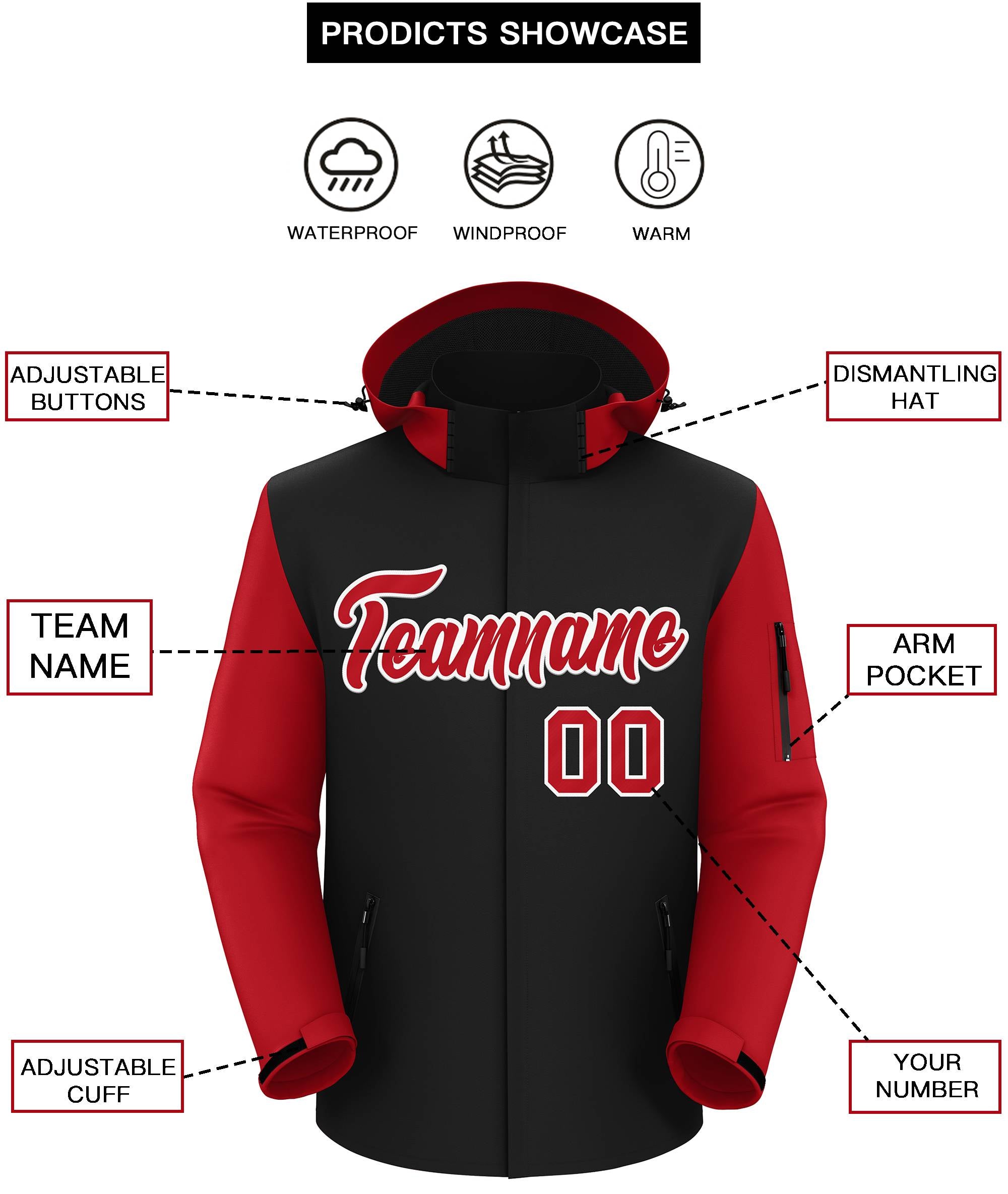 Custom Black Red-White Raglan Sleeves Waterproof Jacket