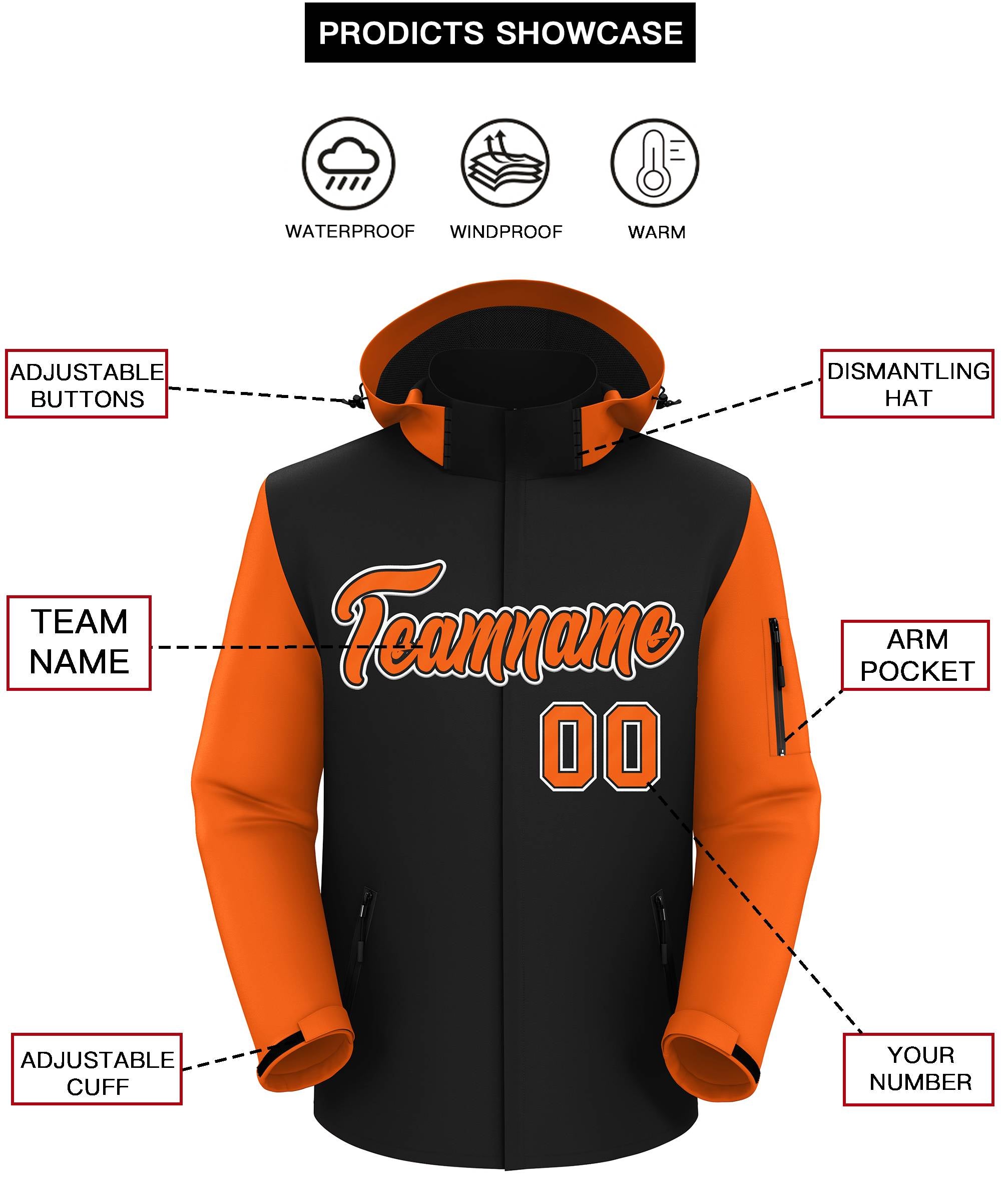 Veste imperméable personnalisée à manches raglan noir orange-blanc