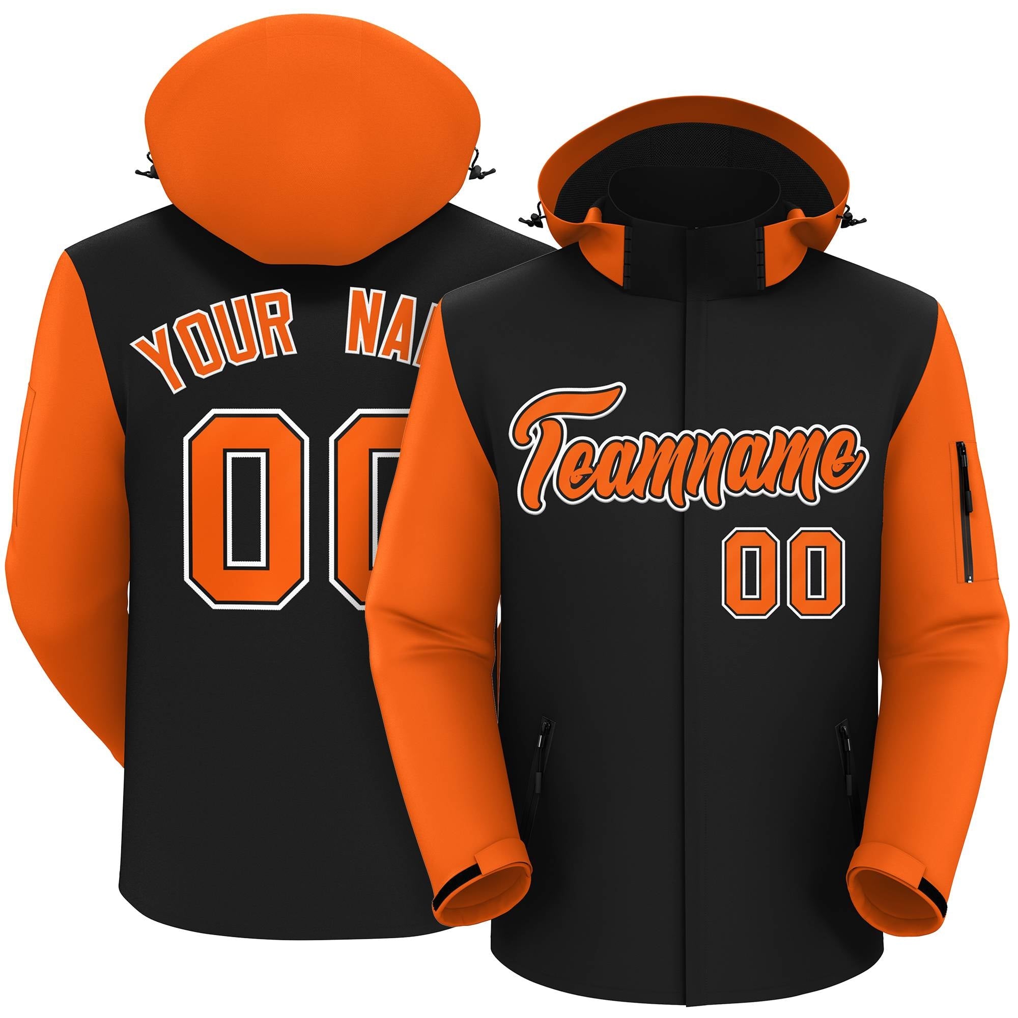 Veste imperméable personnalisée à manches raglan noir orange-blanc