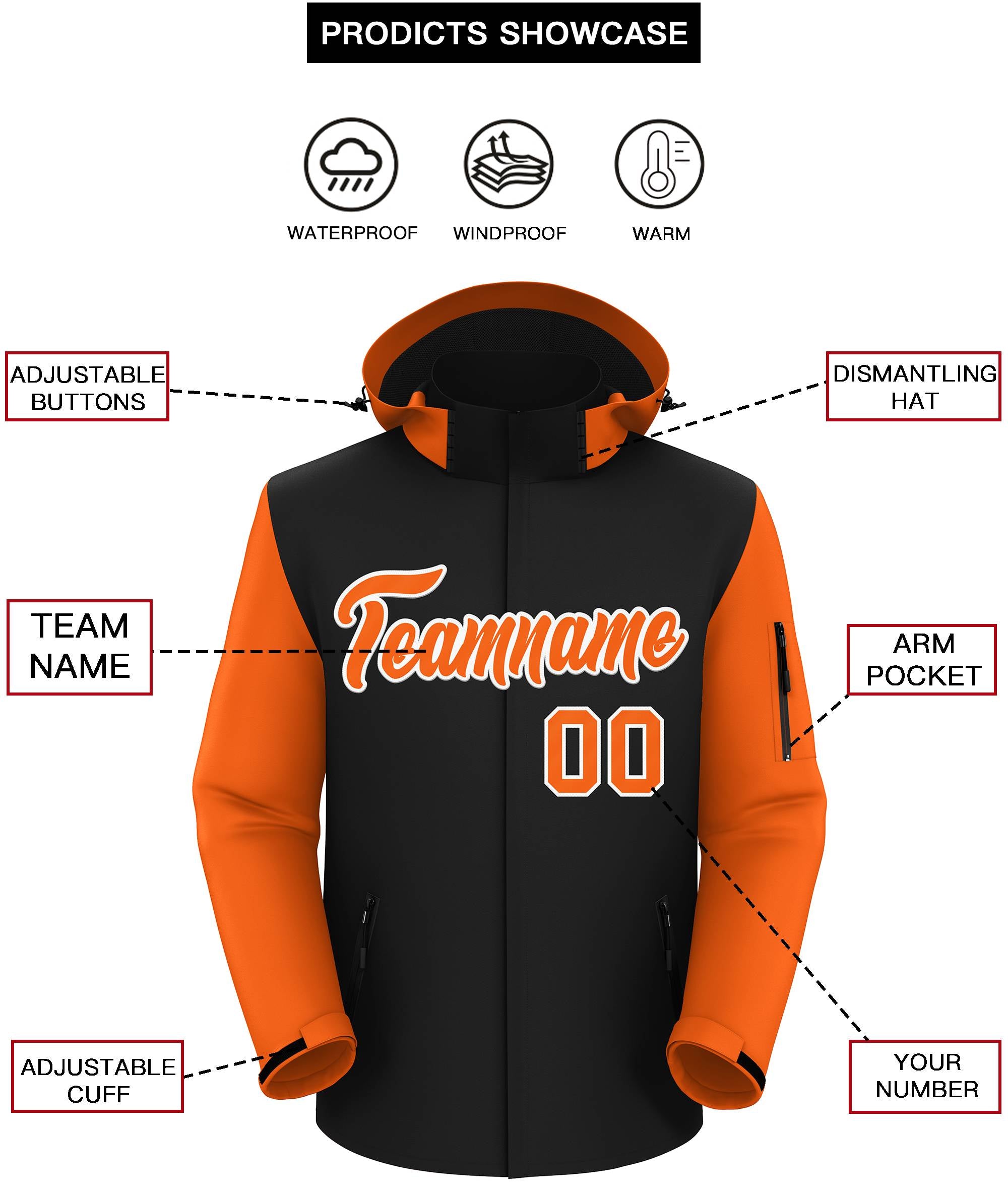 Veste imperméable personnalisée à manches raglan noir orange-blanc