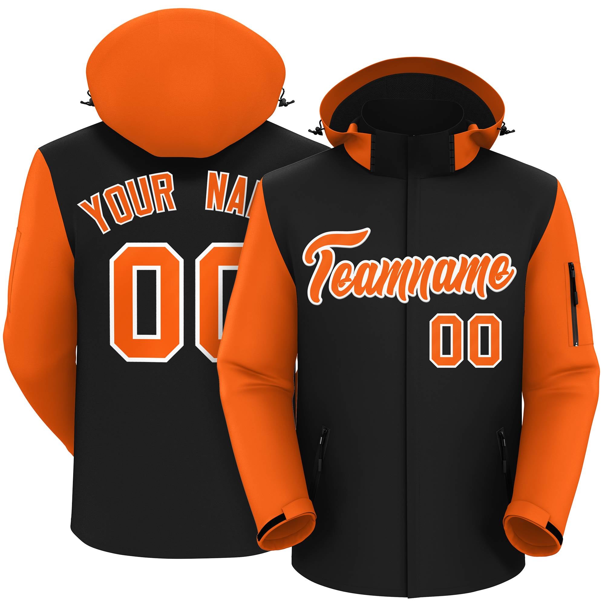 Veste imperméable personnalisée à manches raglan noir orange-blanc