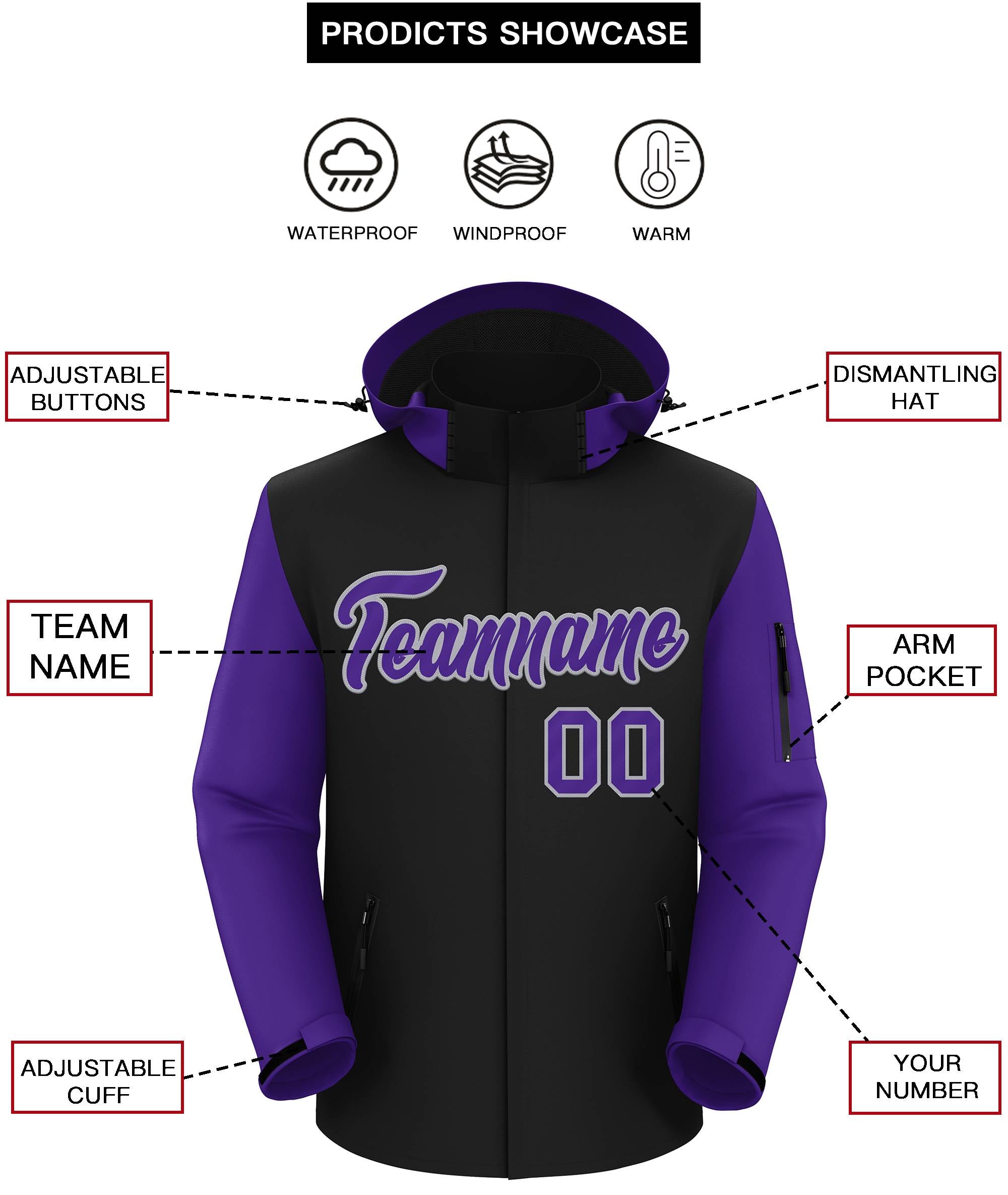 Custom Black Purple-Gray Raglan Sleeves Waterproof Jacket